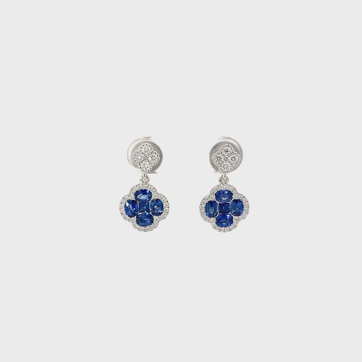 14K White Gold Sapphire and Diamond Clover Drop Earrings