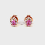 14K Rose Gold Oval Pink Sapphire and Diamond Halo Stud Earrings