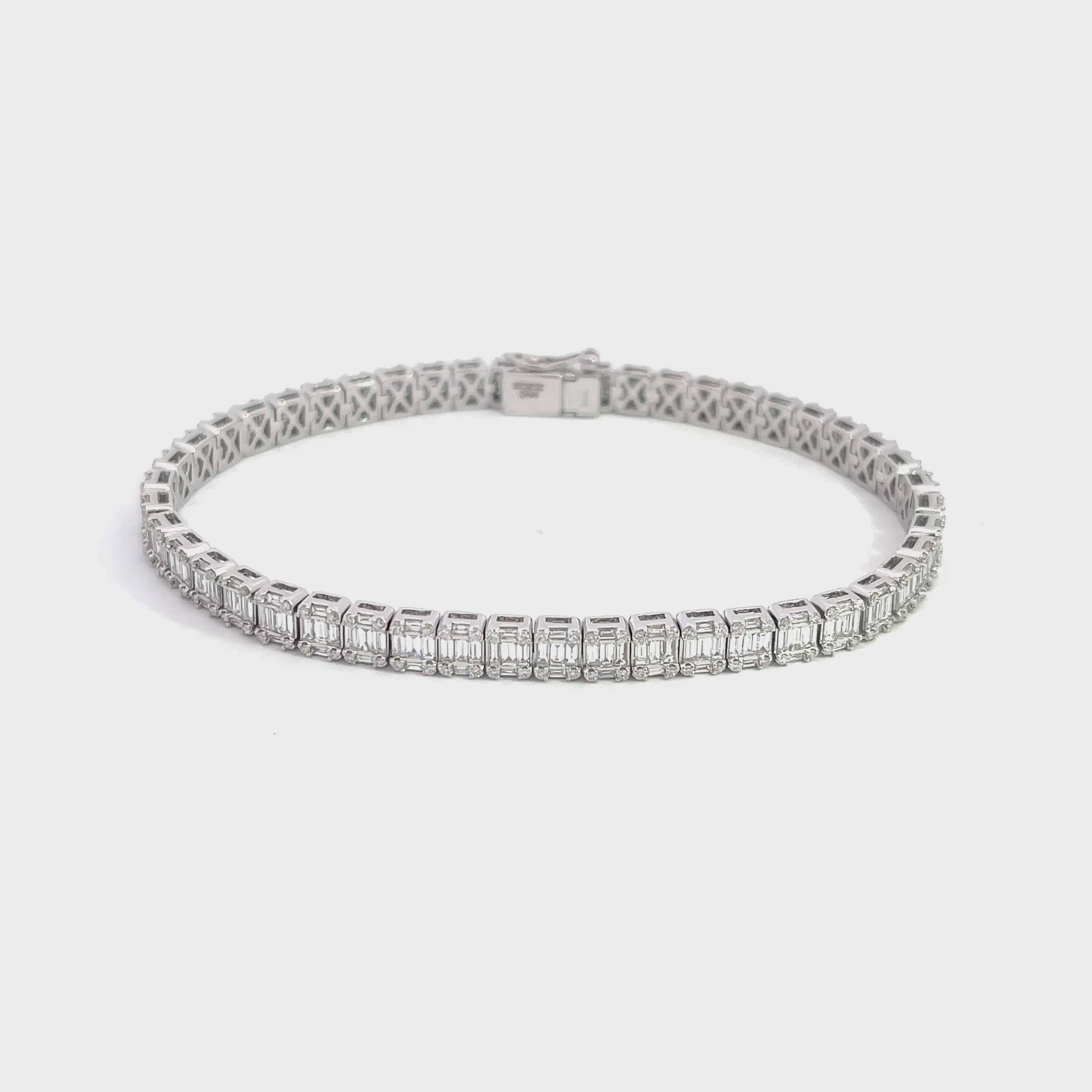 14K White Gold Baguette and Round Diamond Emerald Illusion Tennis Bracelet