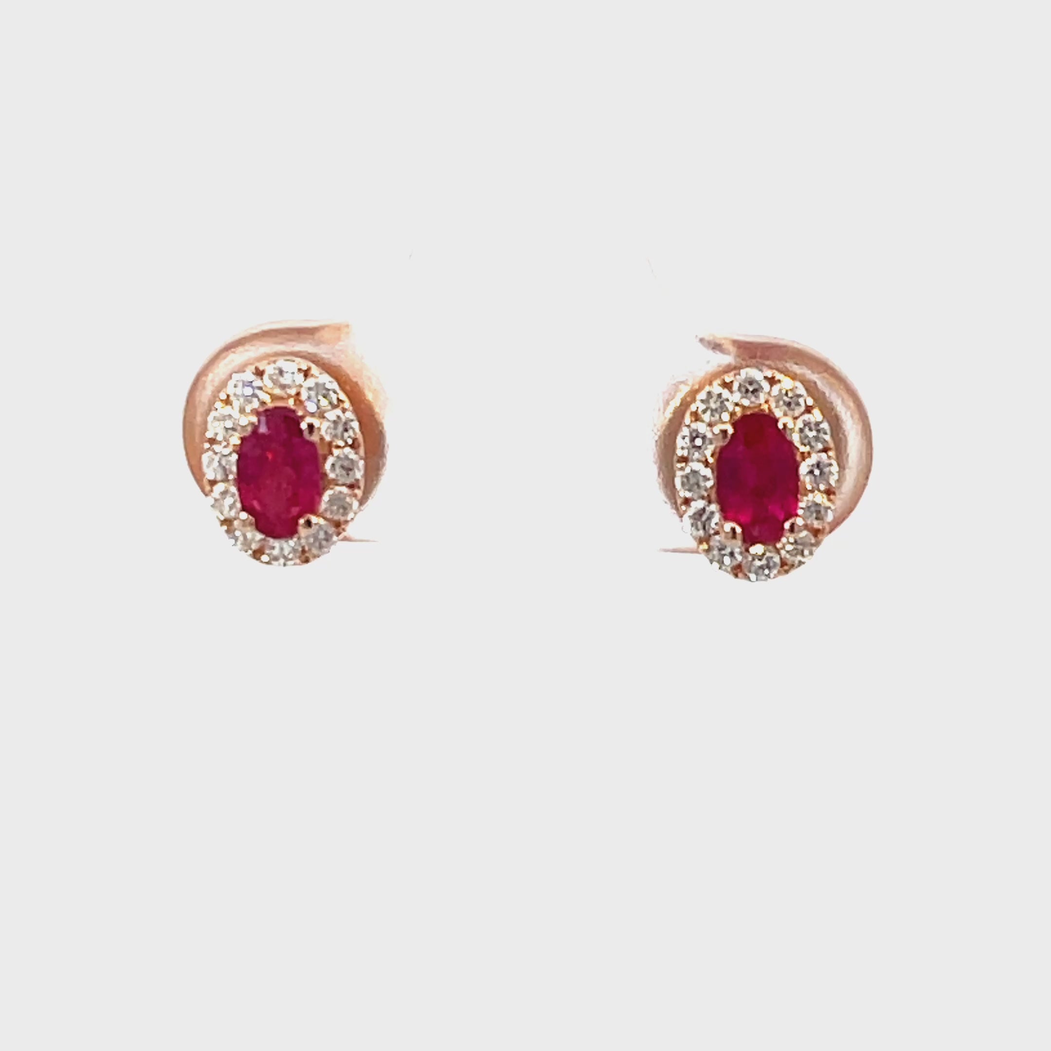 14K Rose Gold Oval Ruby and Diamond Halo Stud Earrings
