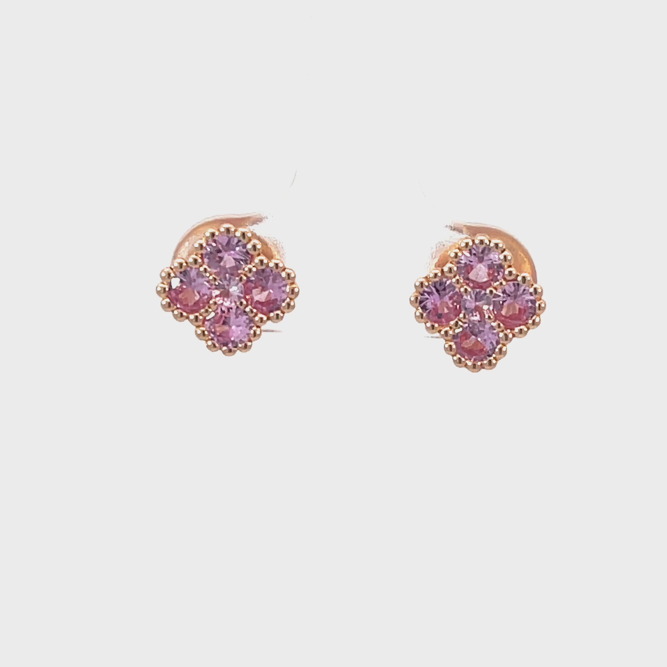 14K Rose Gold Pink Sapphire Clover Studs with Milgrain Detailing