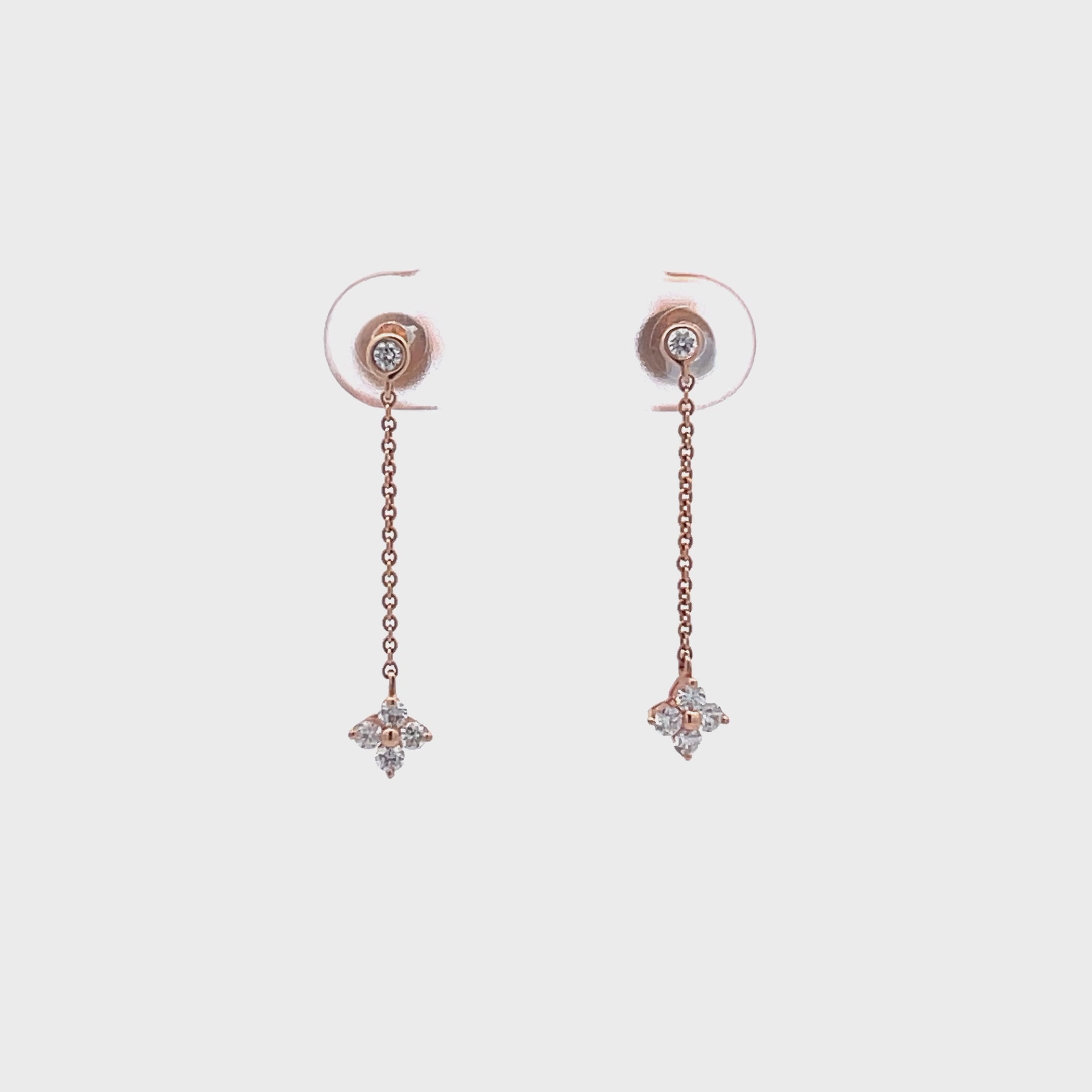 14K Rose Gold Dangling Chain and Diamond Star Cluster Earrings