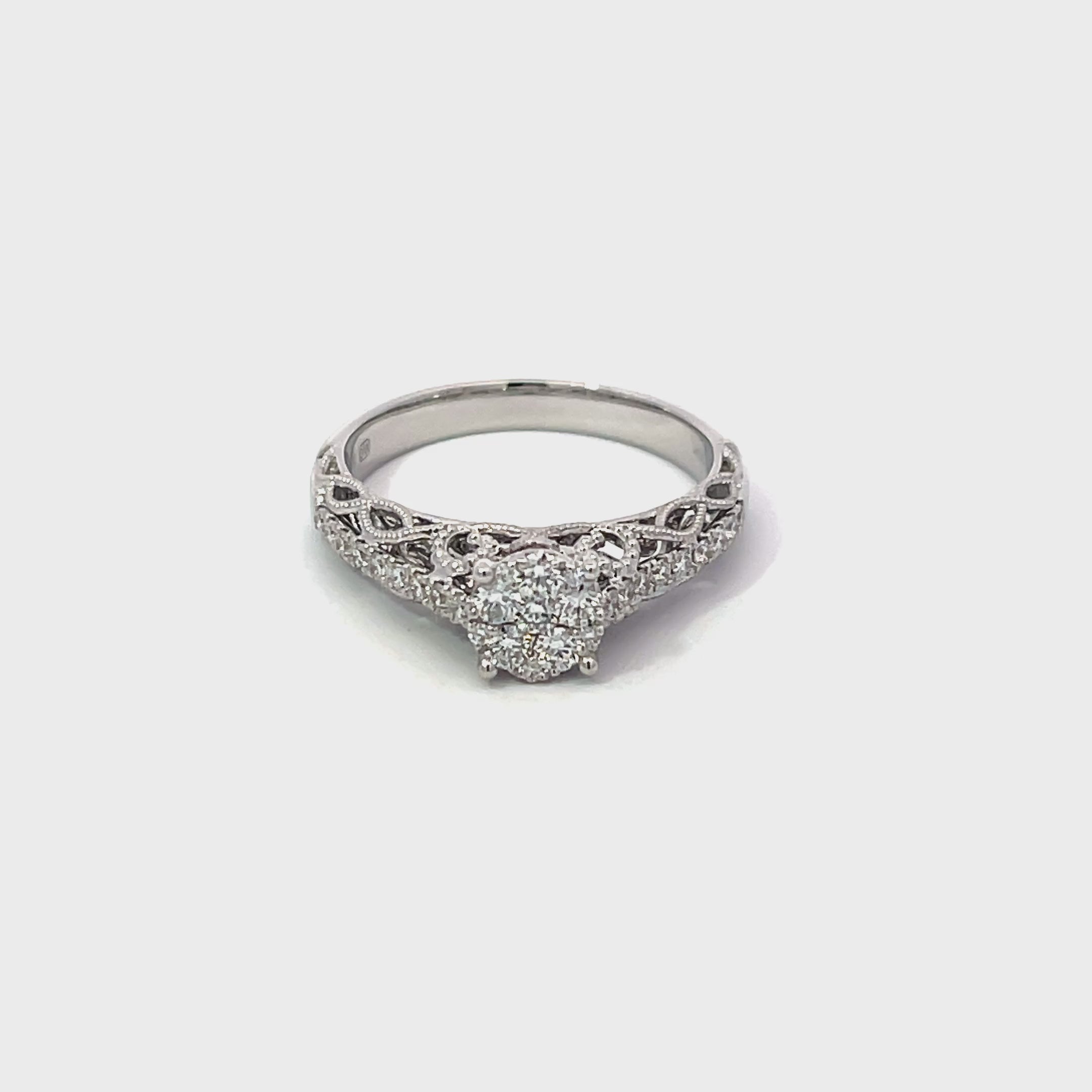 14K White Gold Illusion ring with Filigree detailing and pavé-set diamonds