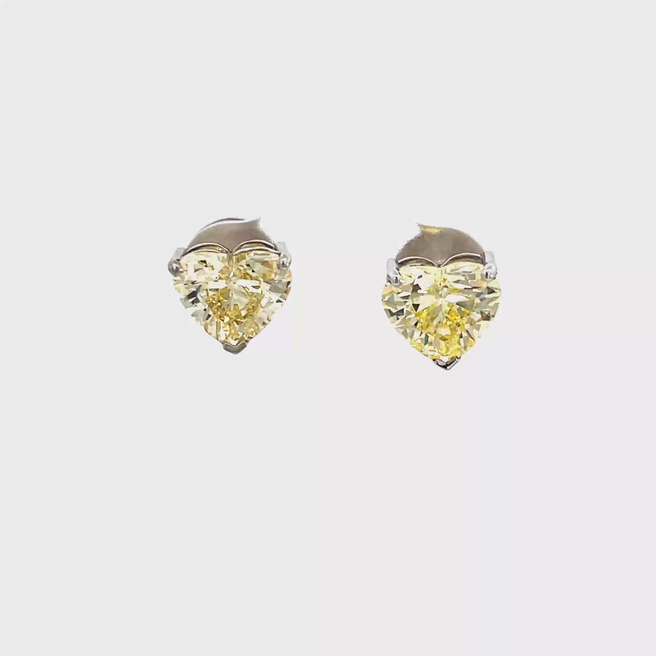 18K White Gold Fancy Yellow, Heart Shaped, Lab Grown Diamond, Stud Earrings