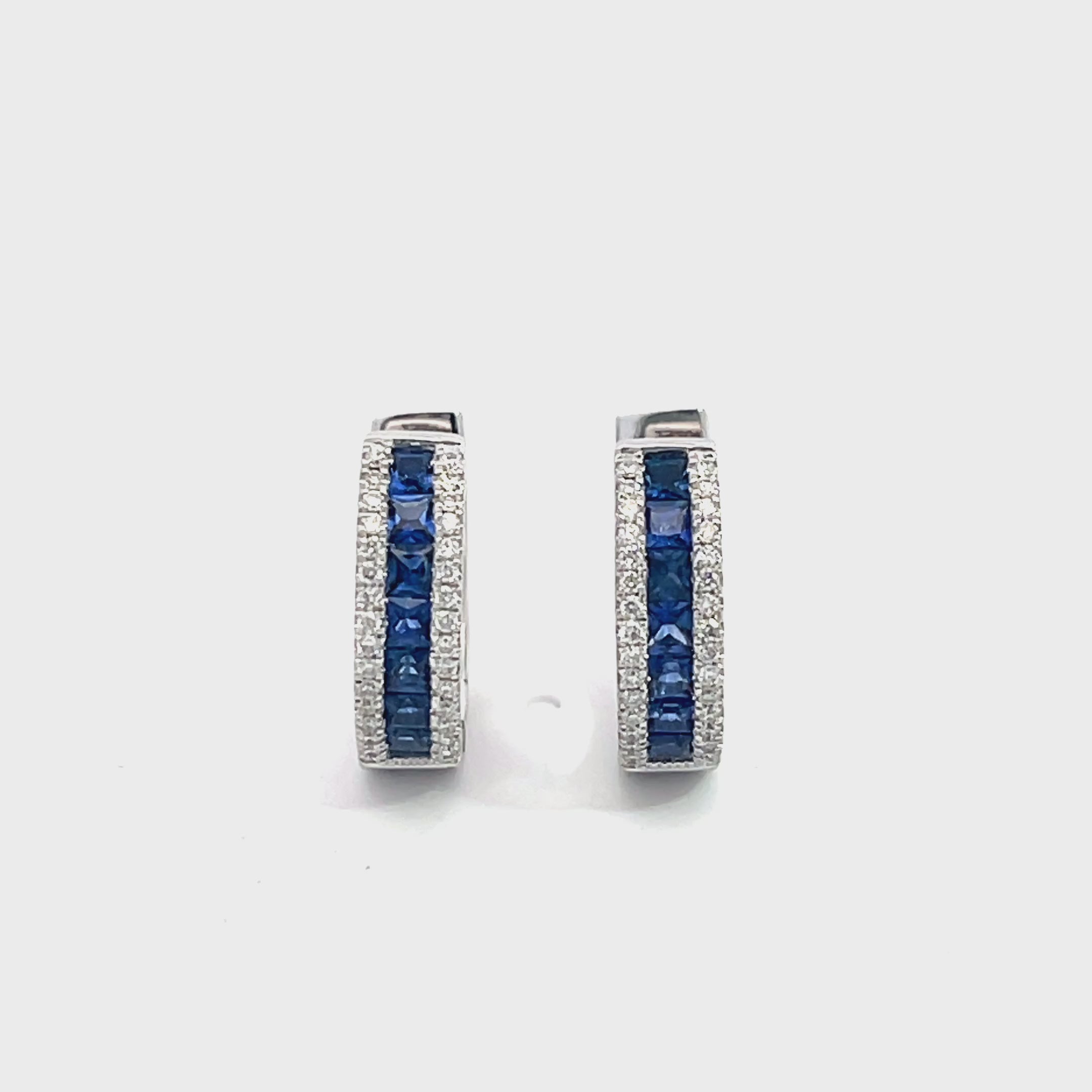 14K White Gold Thin-Set Sapphire and Diamond Hinged Hoop Earrings