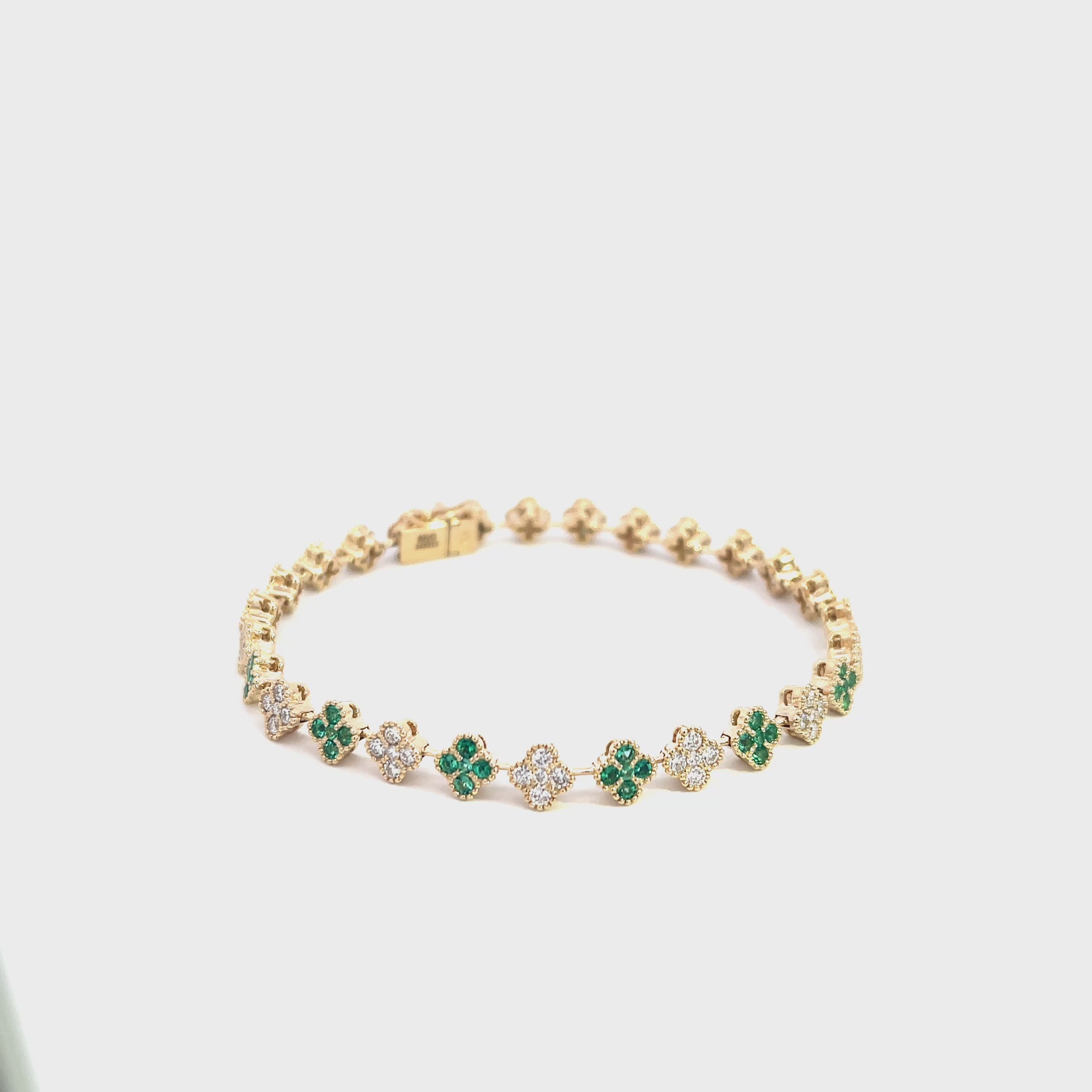 14K Yellow Gold Diamond and Emerald Clover Cluster Tennis Bracelet