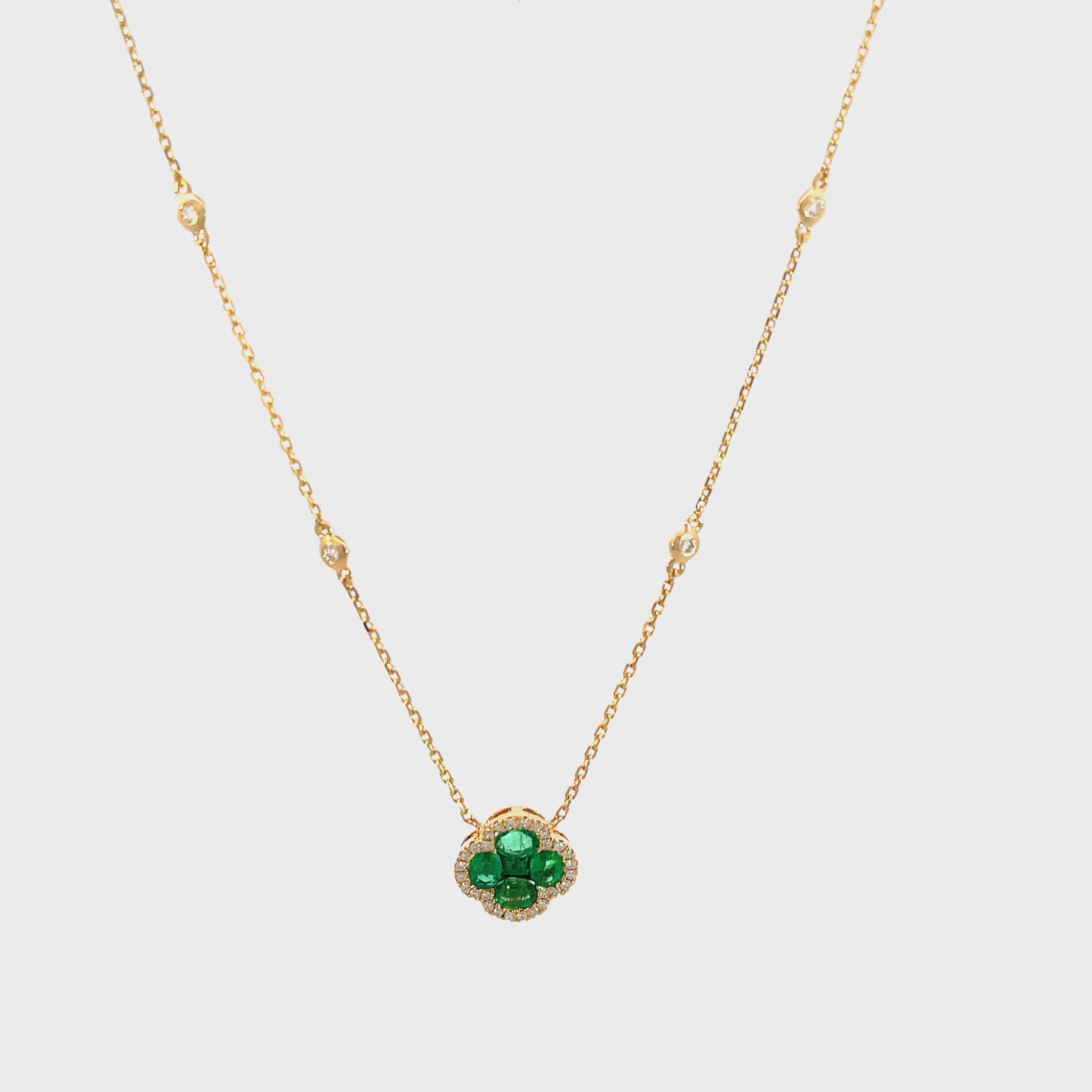 14K Yellow Gold Emerald Clover Pendant Necklace with Diamond Halo