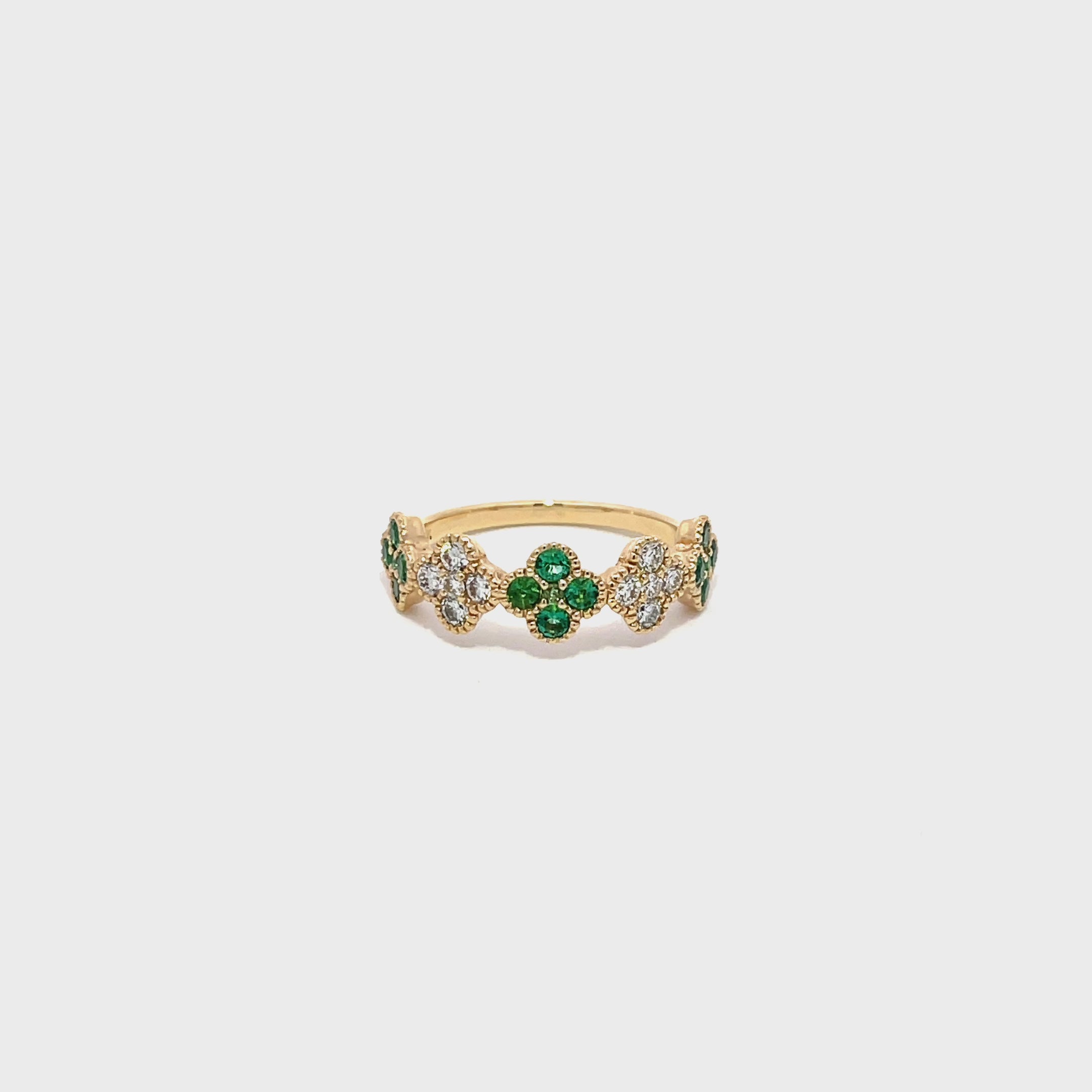 14K Yellow Gold Emerald and Diamond Clover Cluster Half-Eternity Ring