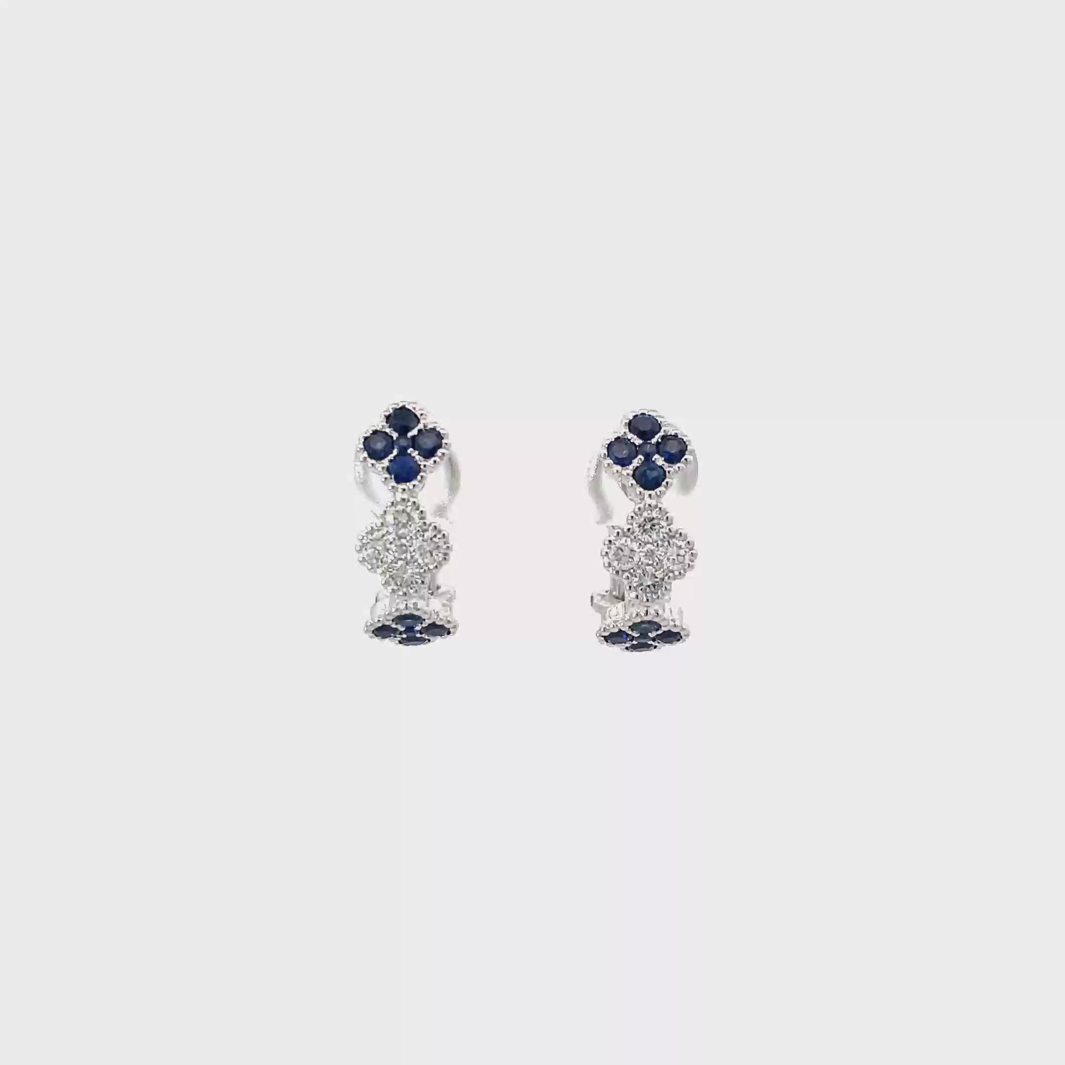 14k Clover Style White Gold Latch Back Earrings with 20 Sapphires and 10 Diamonds