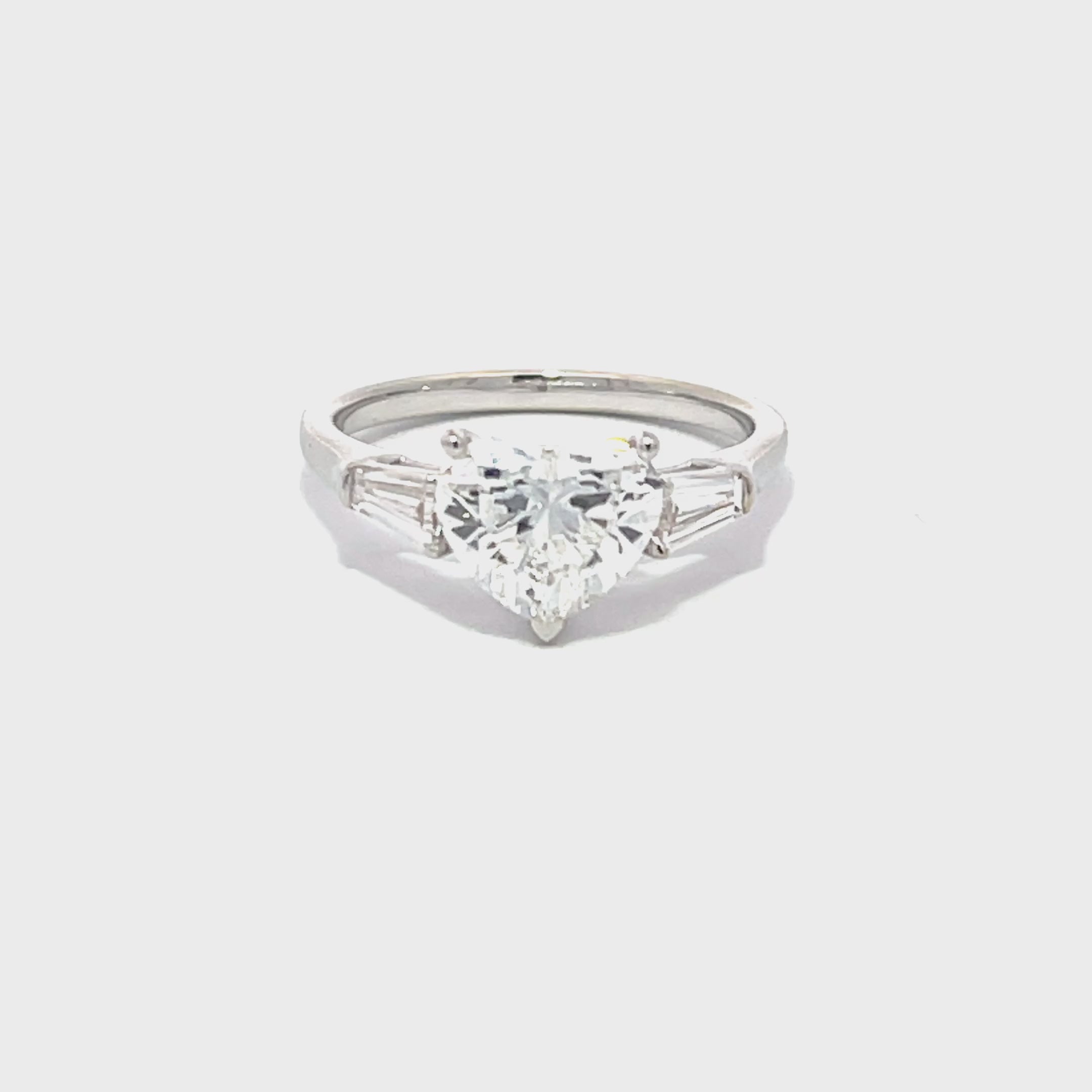14K White Gold Lab Grown Diamond Ring with Heart Shaped Center Stone and Tapered Baguette Side Stones