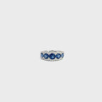 18K White Gold Ring with 5 Sapphires and Diamond Pave Scalloped Edging
