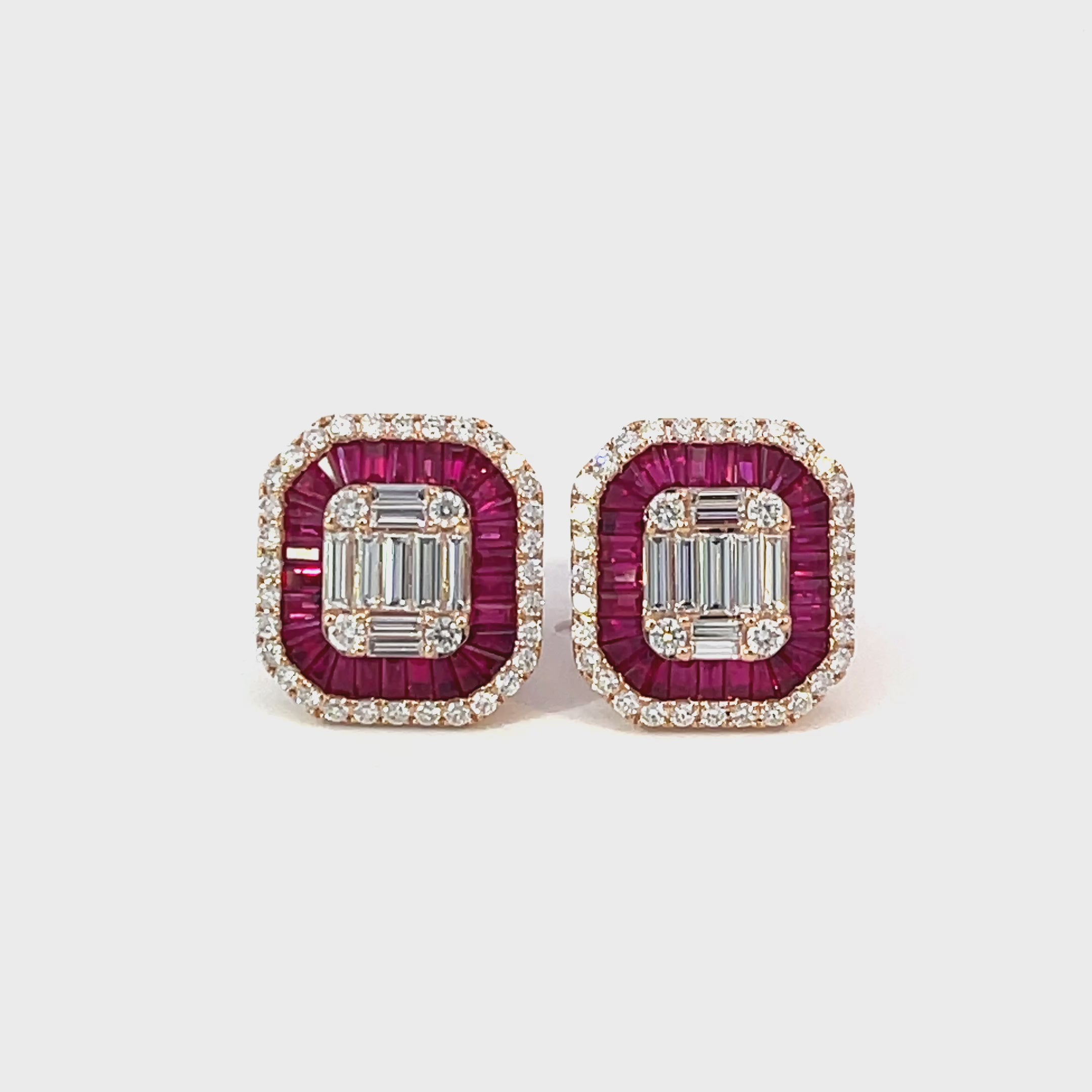 14K Rose Gold Cushion Shaped Ruby and Diamond Emerald Illusion Stud Earrings