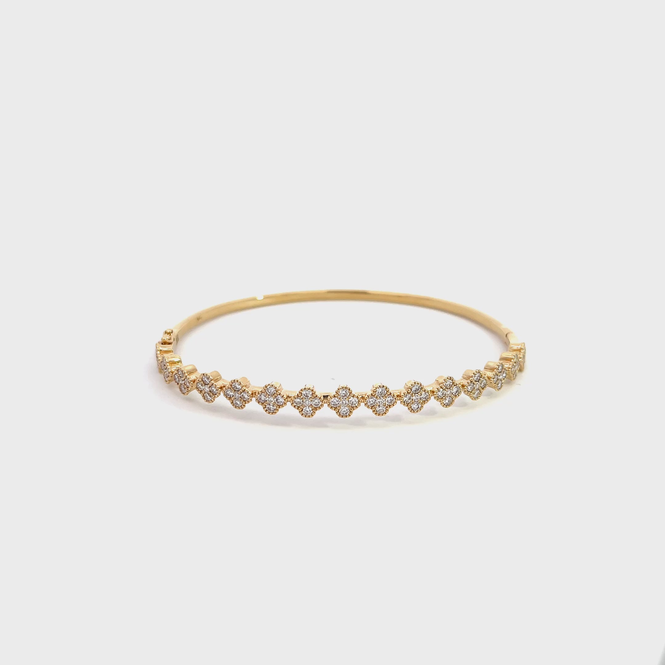 14K Yellow Gold Diamond Clover Cluster Bangle Bracelet with 75 Diamonds
