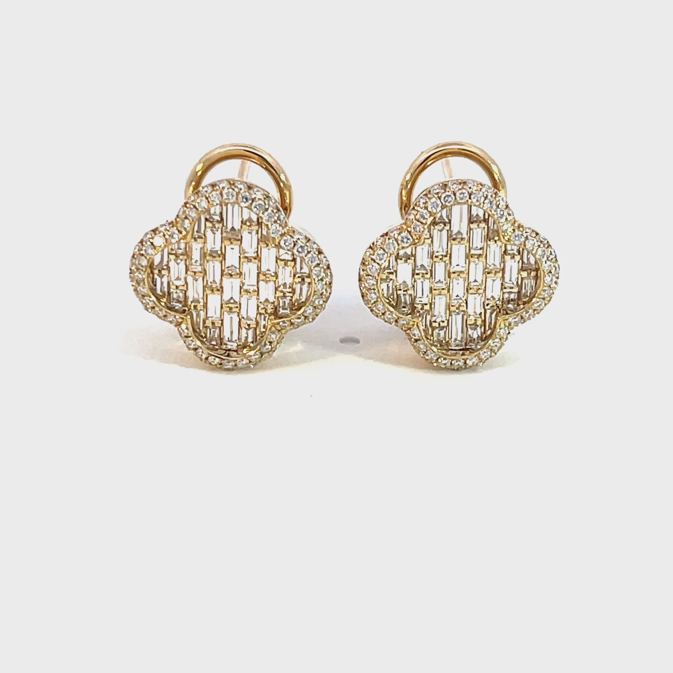 14K Yellow gold Clover shaped Omega back diamond earrings with intricate baguette lattice design