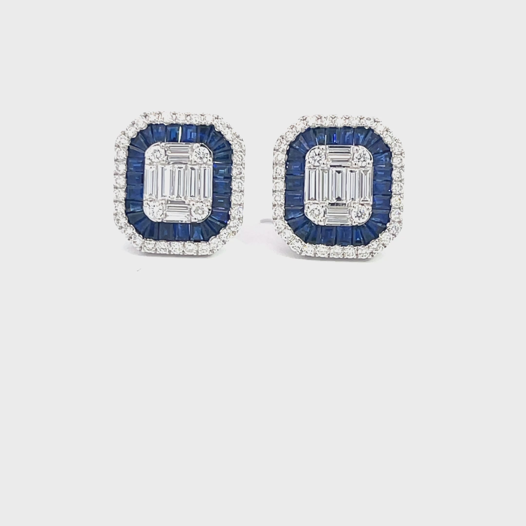 14K White Gold Cushion Shaped Sapphire and Diamond Emerald Illusion Stud Earrings