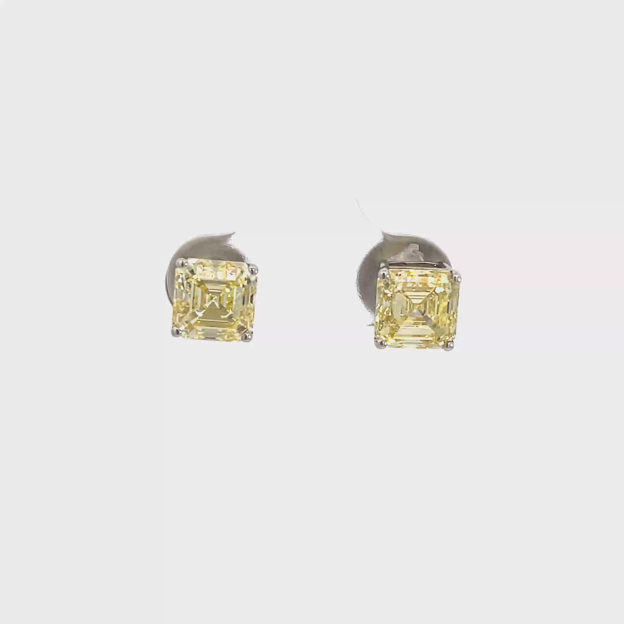 18K White Gold Fancy Yellow, Square Emerald Cut, Lab Grown Diamond, Stud Earrings White Halo