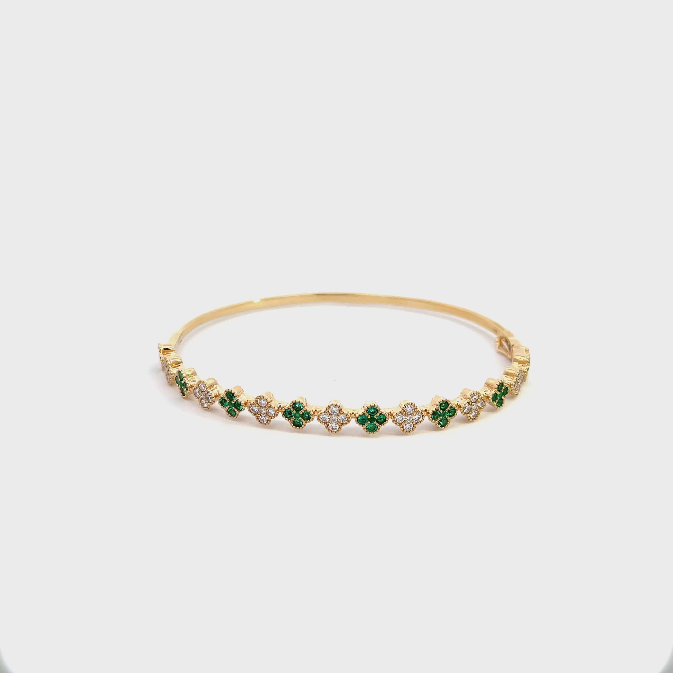 14K Yellow Gold Diamond and Emerald Clover Cluster Bangle Bracelet