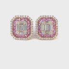 14K Rose Gold Cushion Shaped Pink Sapphire and Diamond Emerald Illusion Stud Earrings