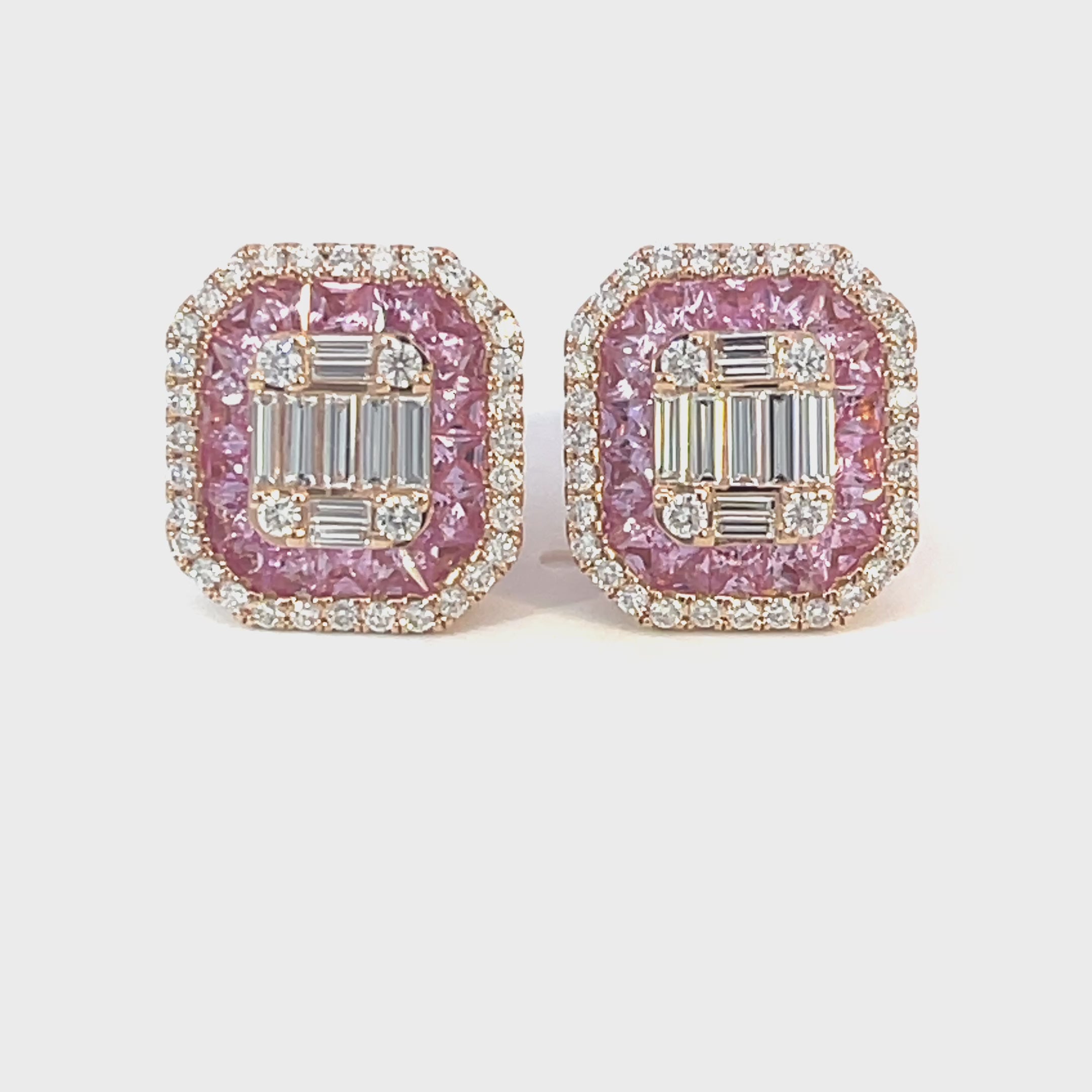 14K Rose Gold Cushion Shaped Pink Sapphire and Diamond Emerald Illusion Stud Earrings