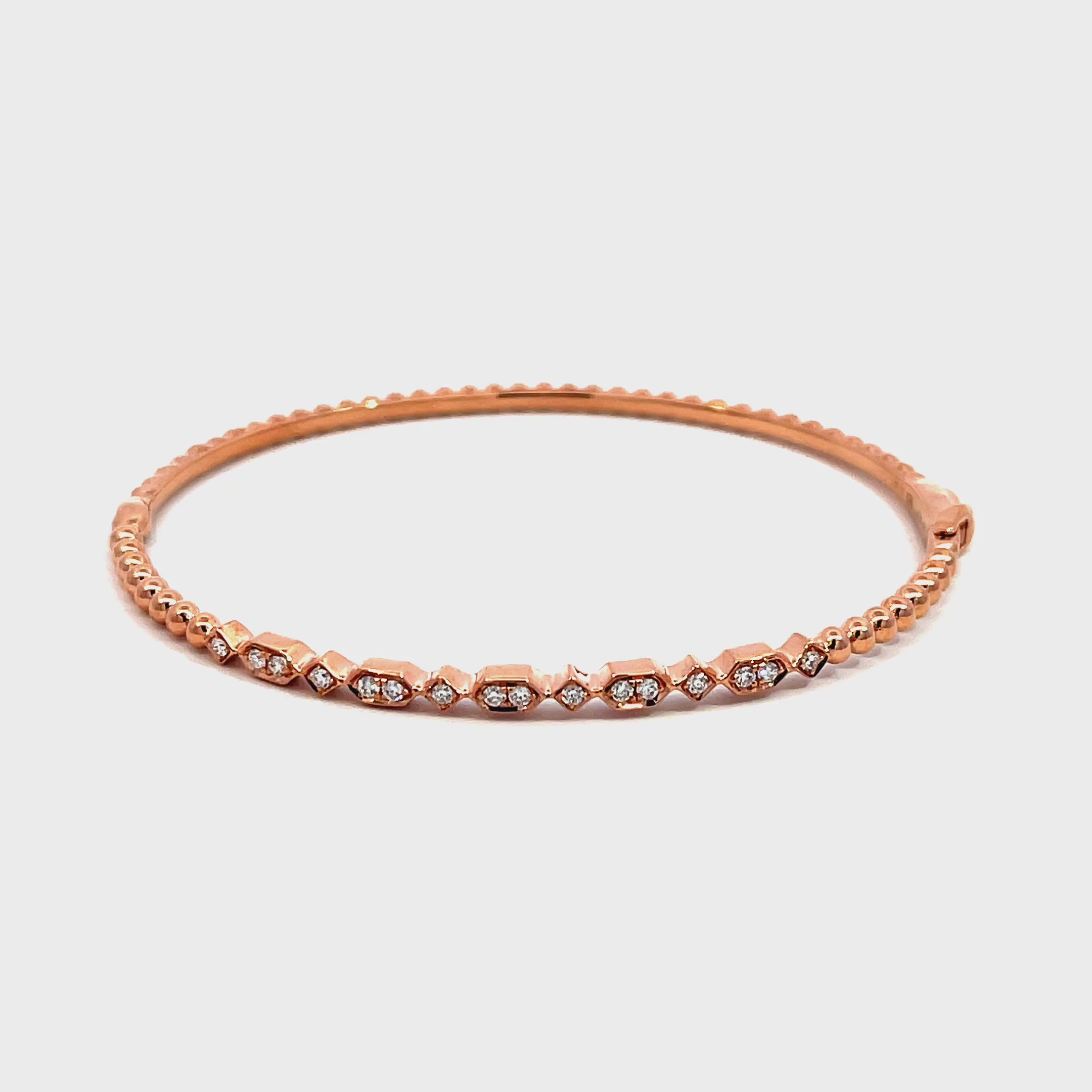 14K Rose Gold Beaded Bangle with Geometric Motifs and 16 Diamonds