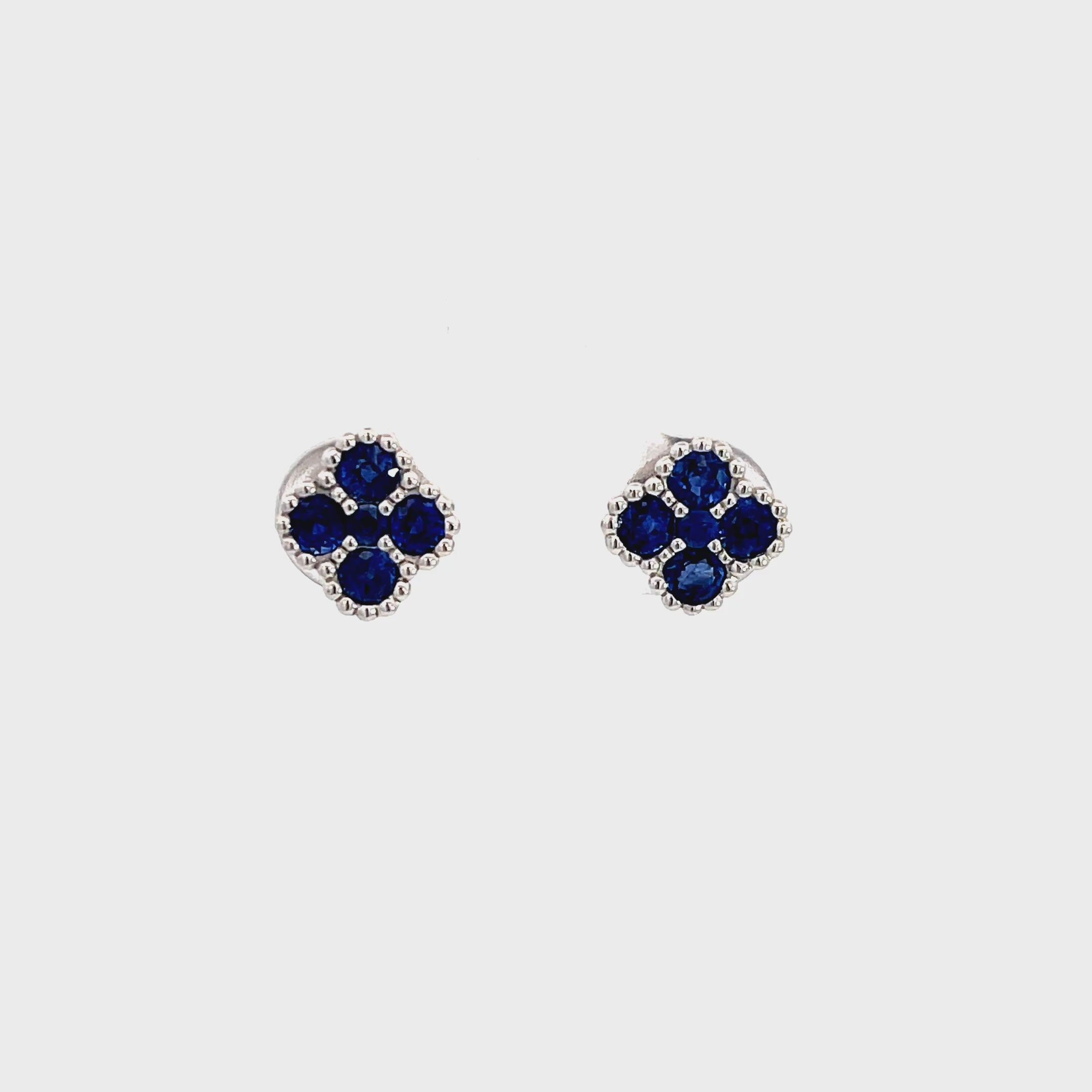 14K White Gold Sapphire Clover Studs with Milgrain Detailing