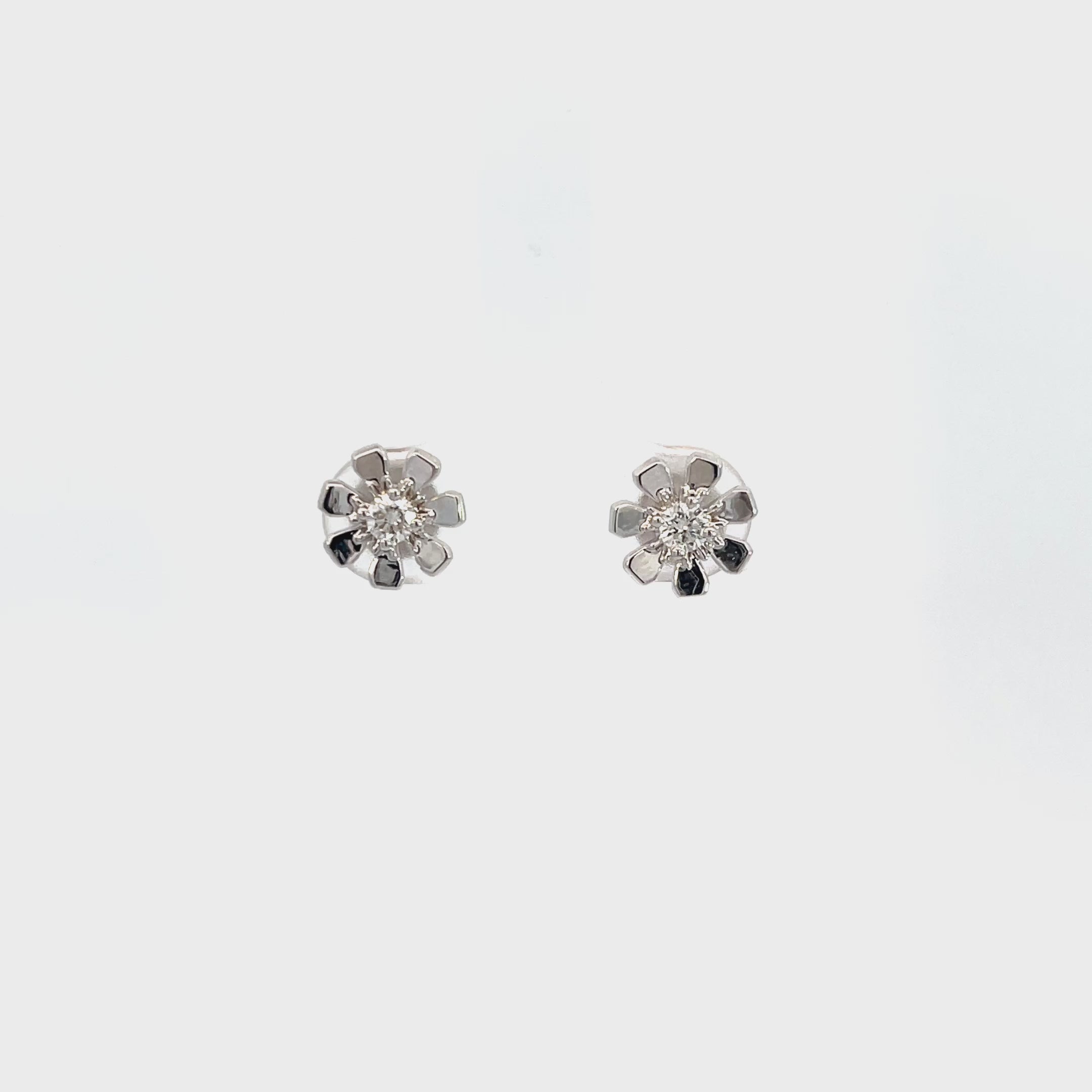 14K White Gold Flower Petal Studs with Diamond Center