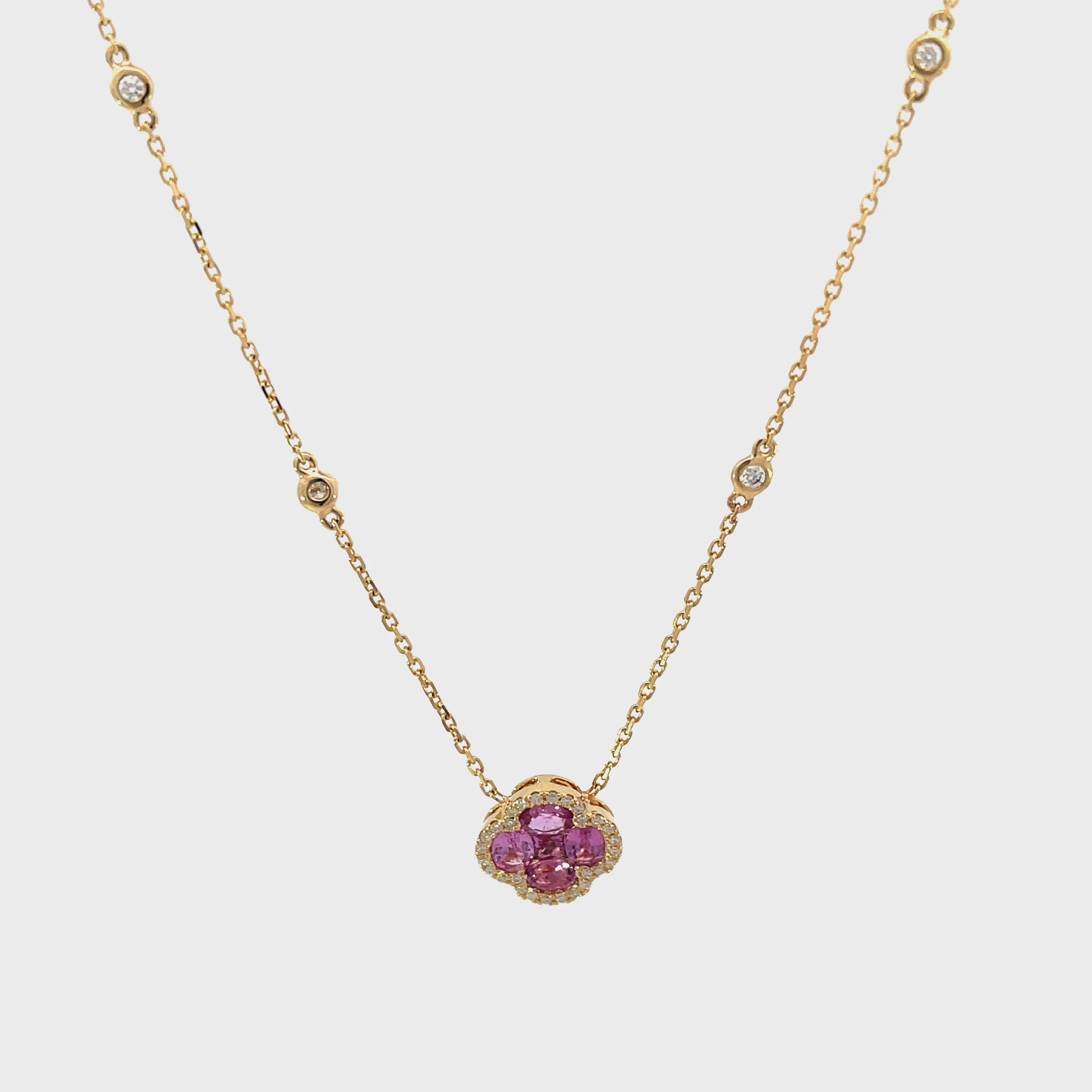 14K Yellow Gold Pink Sapphire Clover Pendant Necklace with Diamond Halo