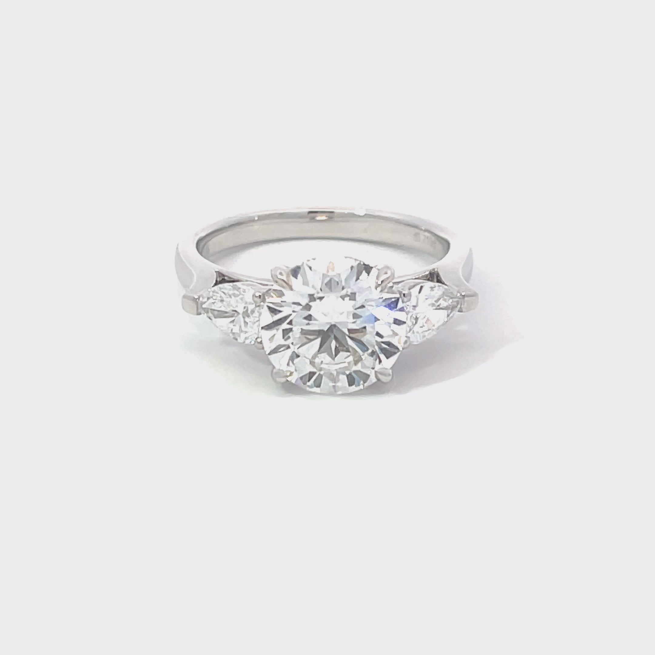14K White Gold Lab Grown Diamond Ring with Round Brilliant Center Stone and Pear Shaped Side Stones