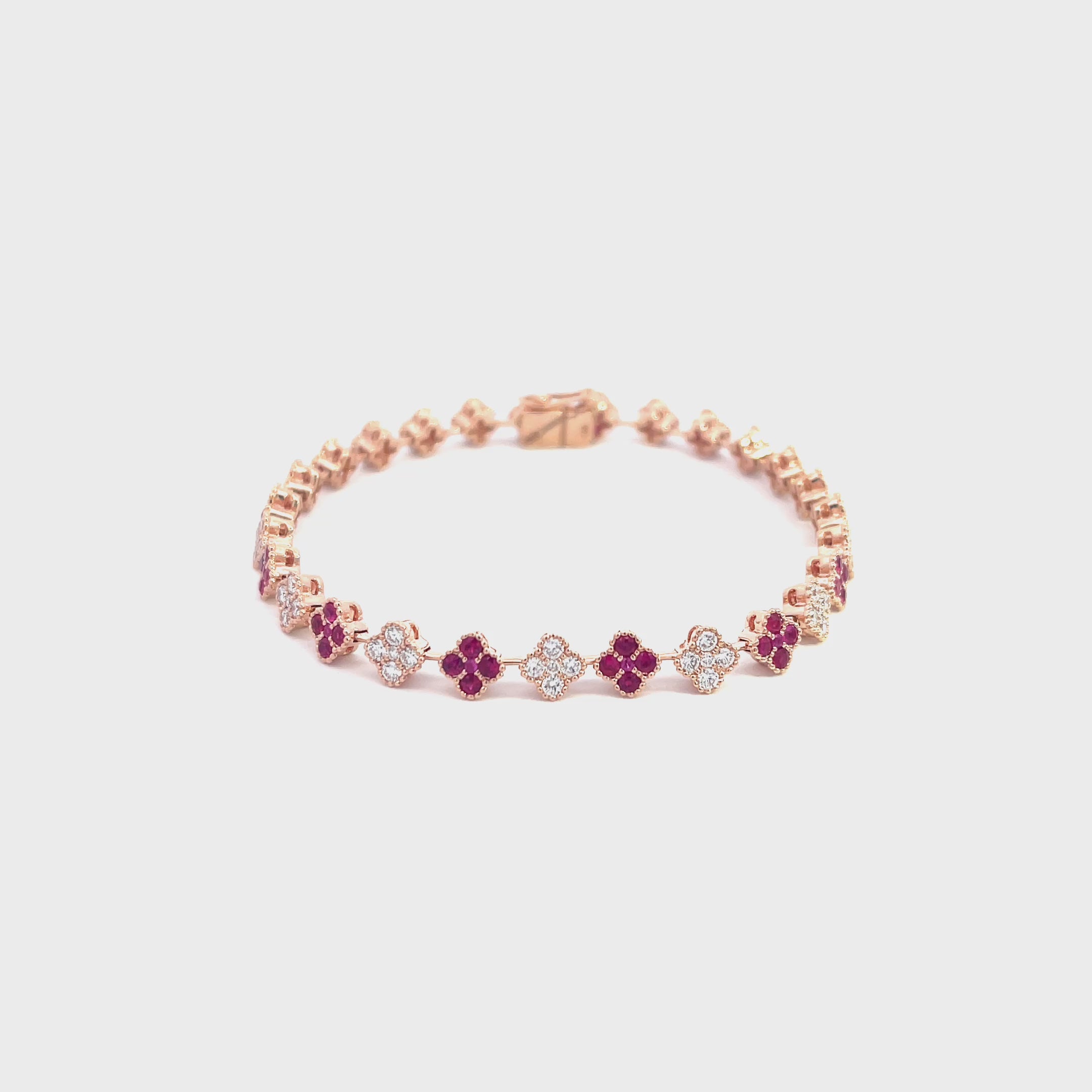 14K Rose Gold Diamond and Ruby Clover Cluster Tennis Bracelet