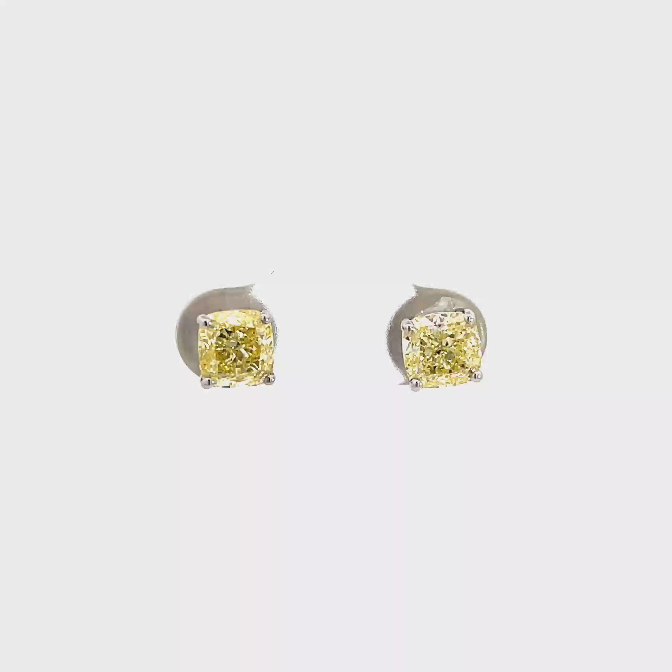 18K White Gold Fancy Yellow, Square Cut, Lab Grown Diamond, Stud Earrings White Halo