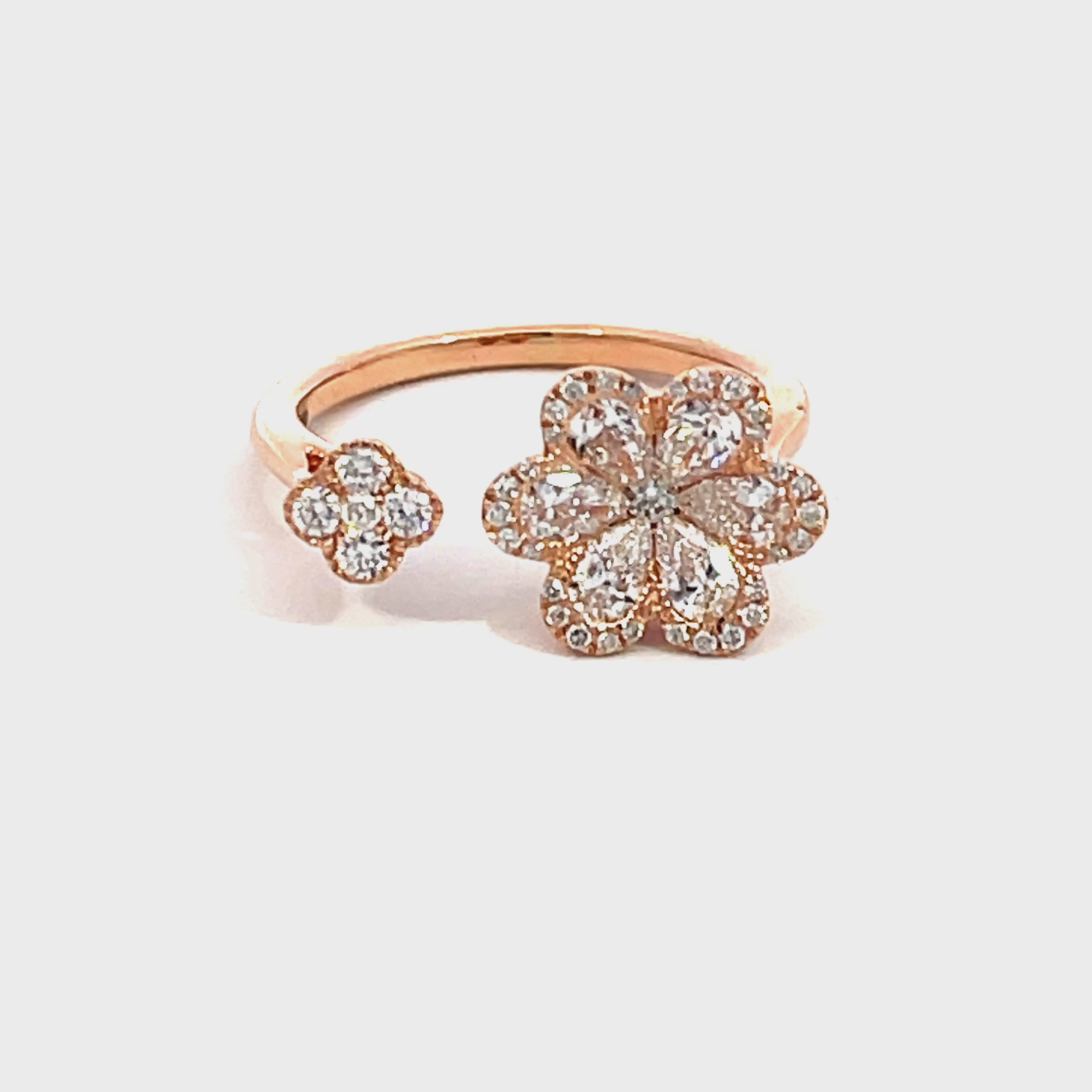 14K Rose Gold Open Ring with Floral Diamond Clusters