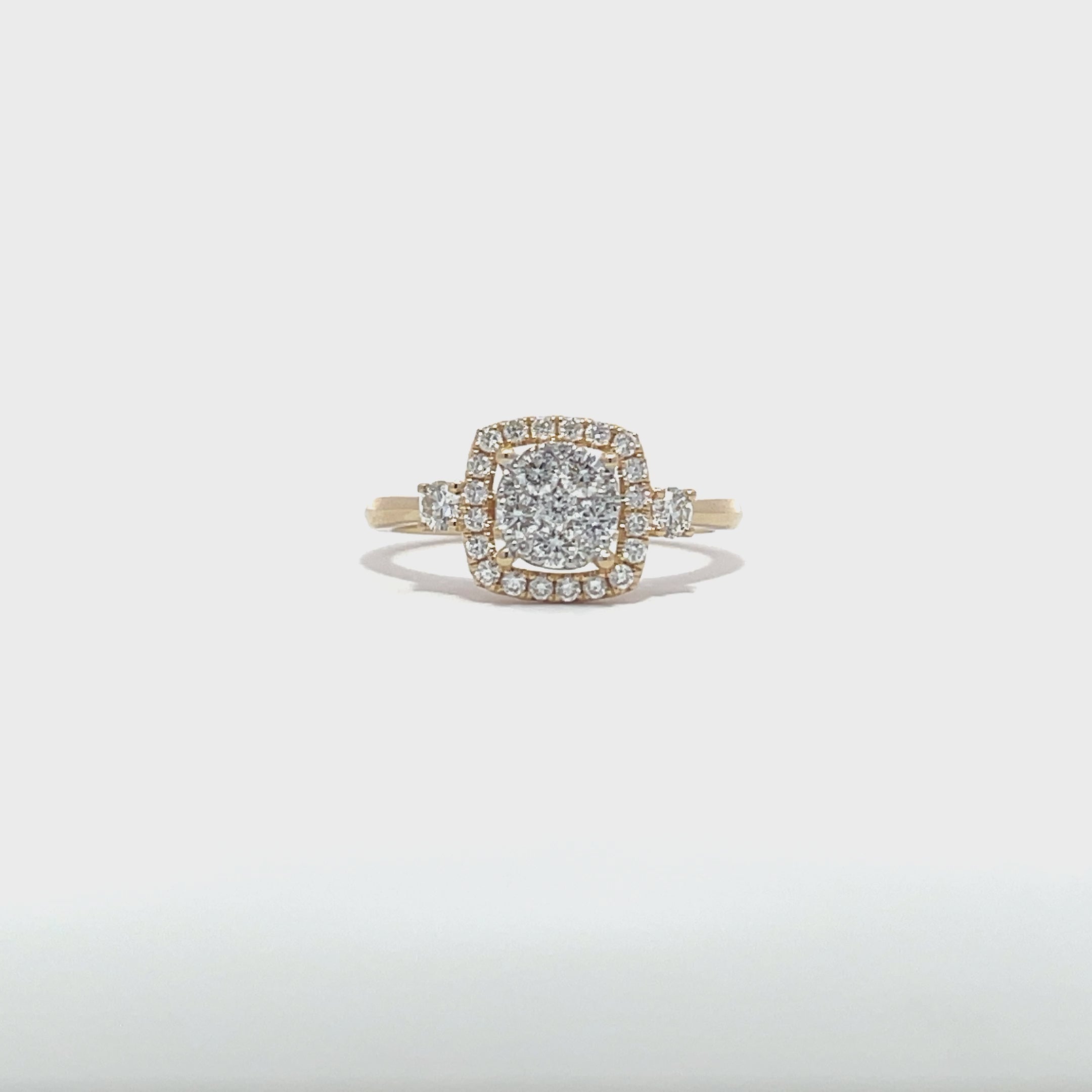 14K Yellow Gold Square Halo Illusion Ring with 33 Diamonds