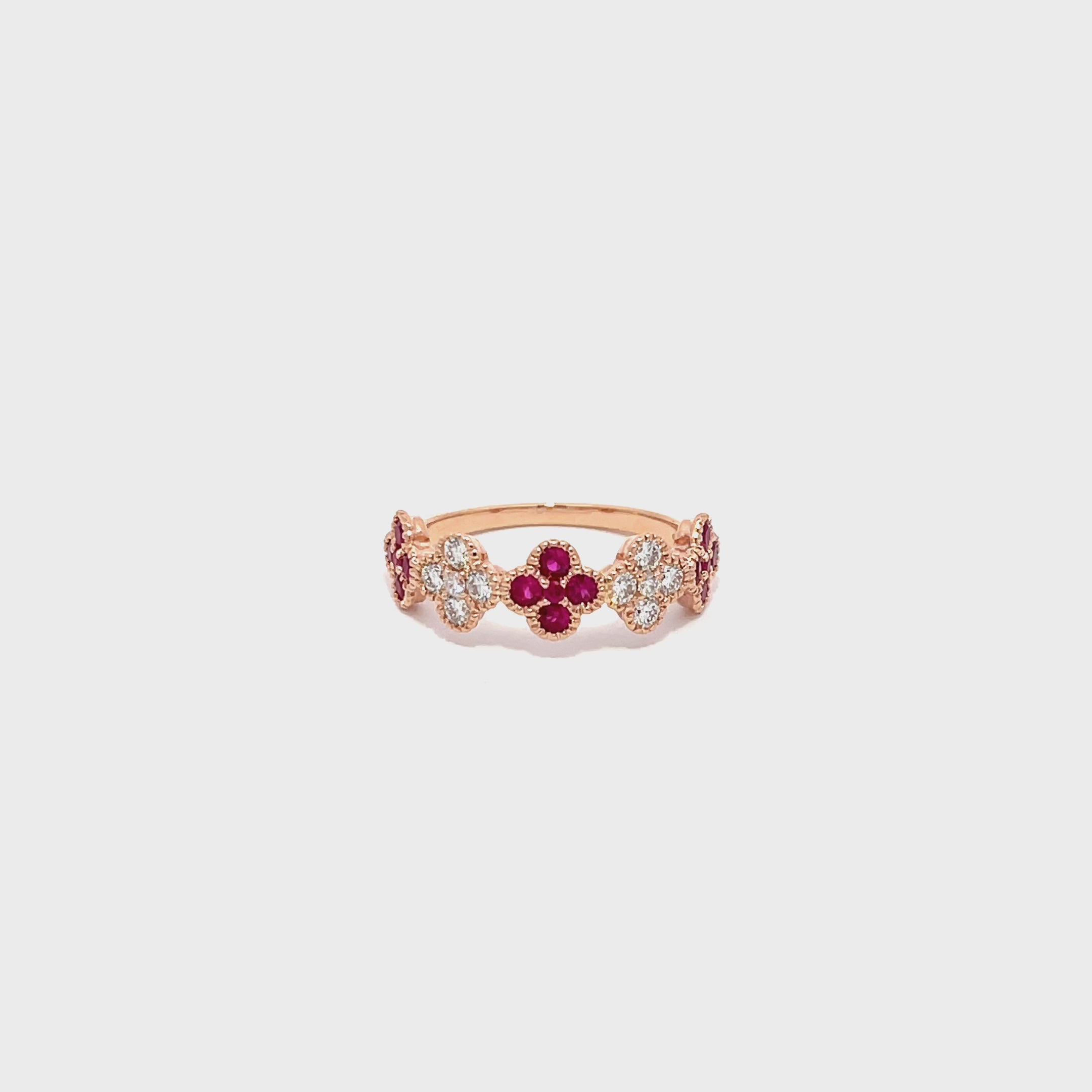 14K Rose Gold Ruby and Diamond Clover Cluster Half-Eternity Ring