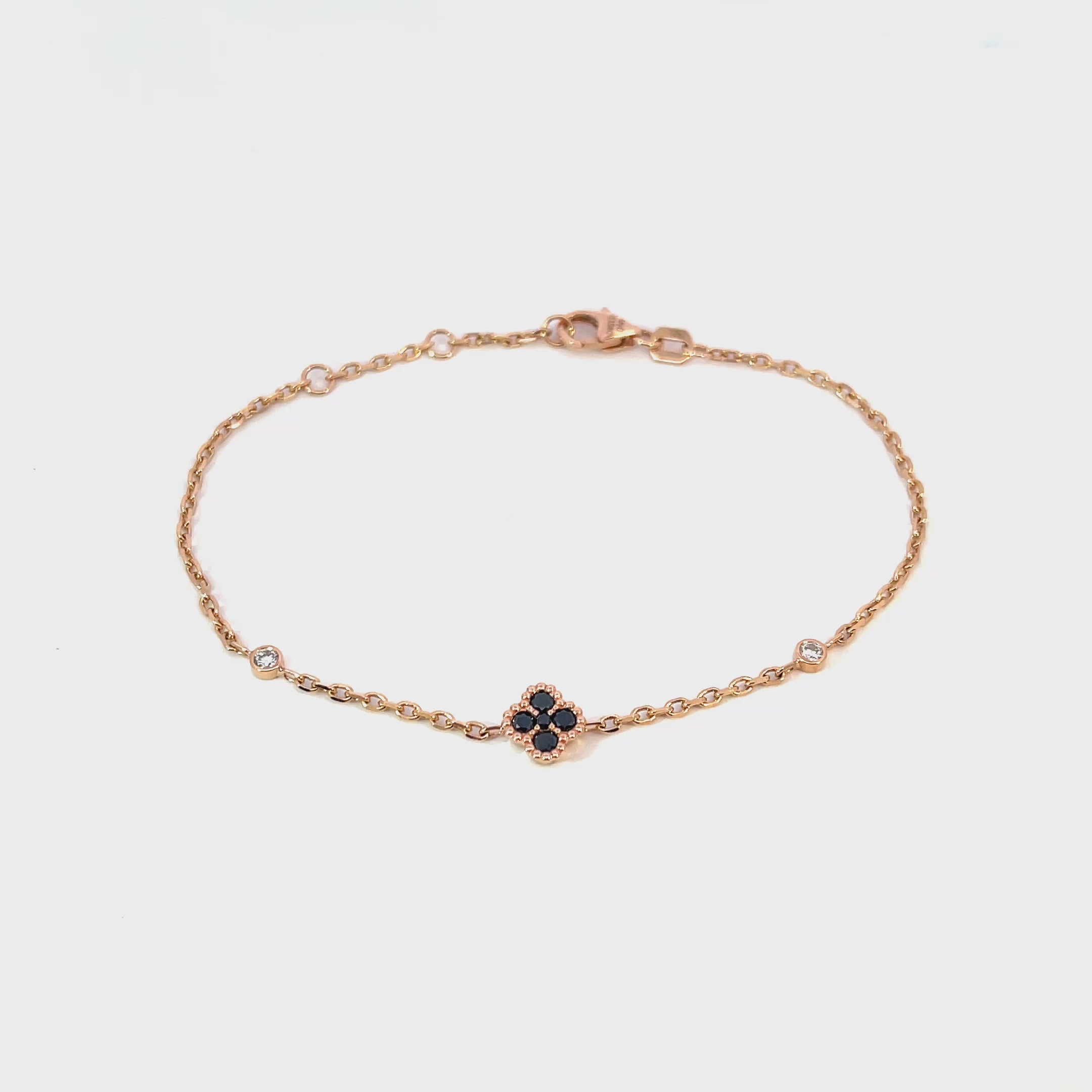 14K Rose Gold Chain Bracelet with Black Diamond Clover Cluster and Bezel Set Diamonds