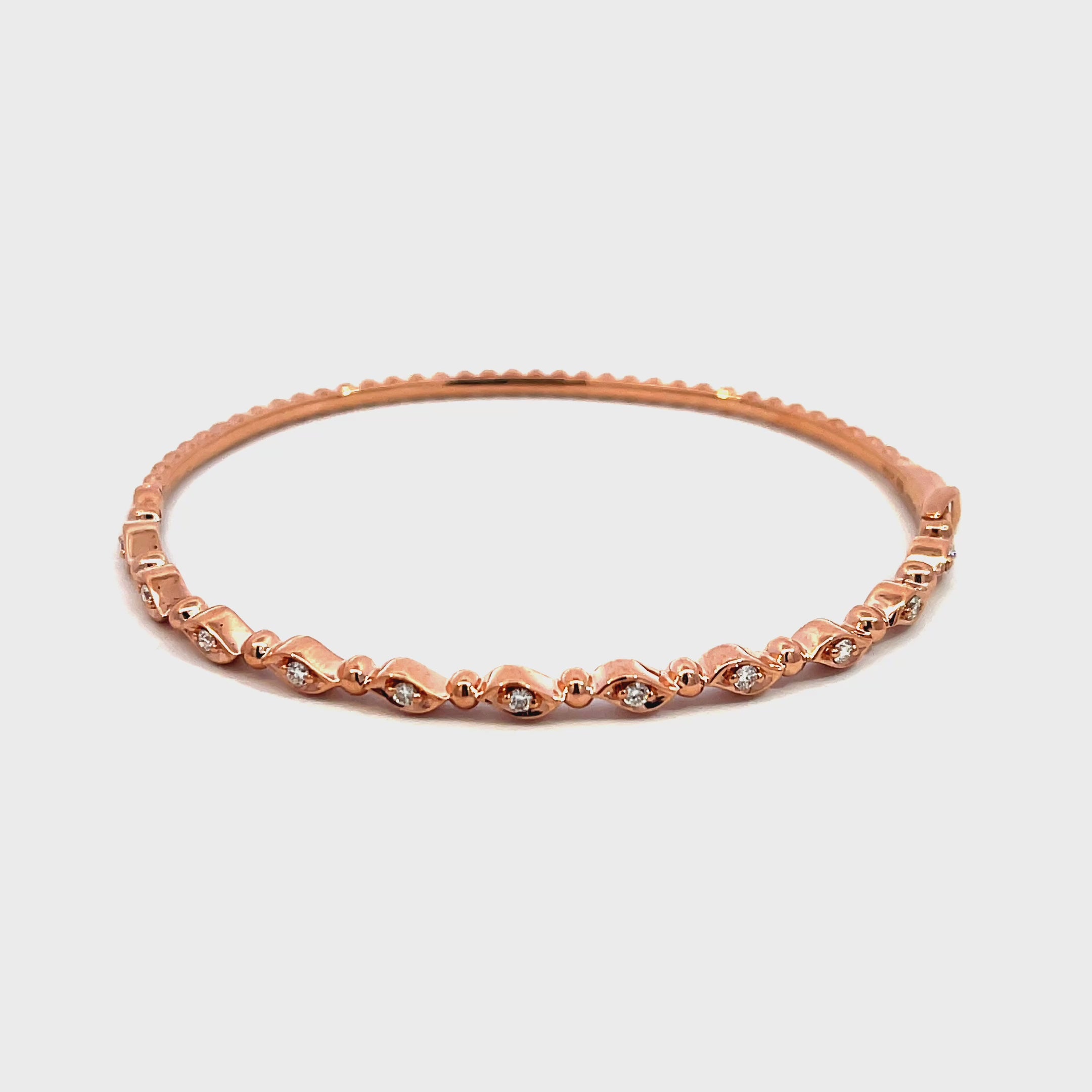 14K Rose Gold Marquise Beaded Bangle with 11 Diamonds