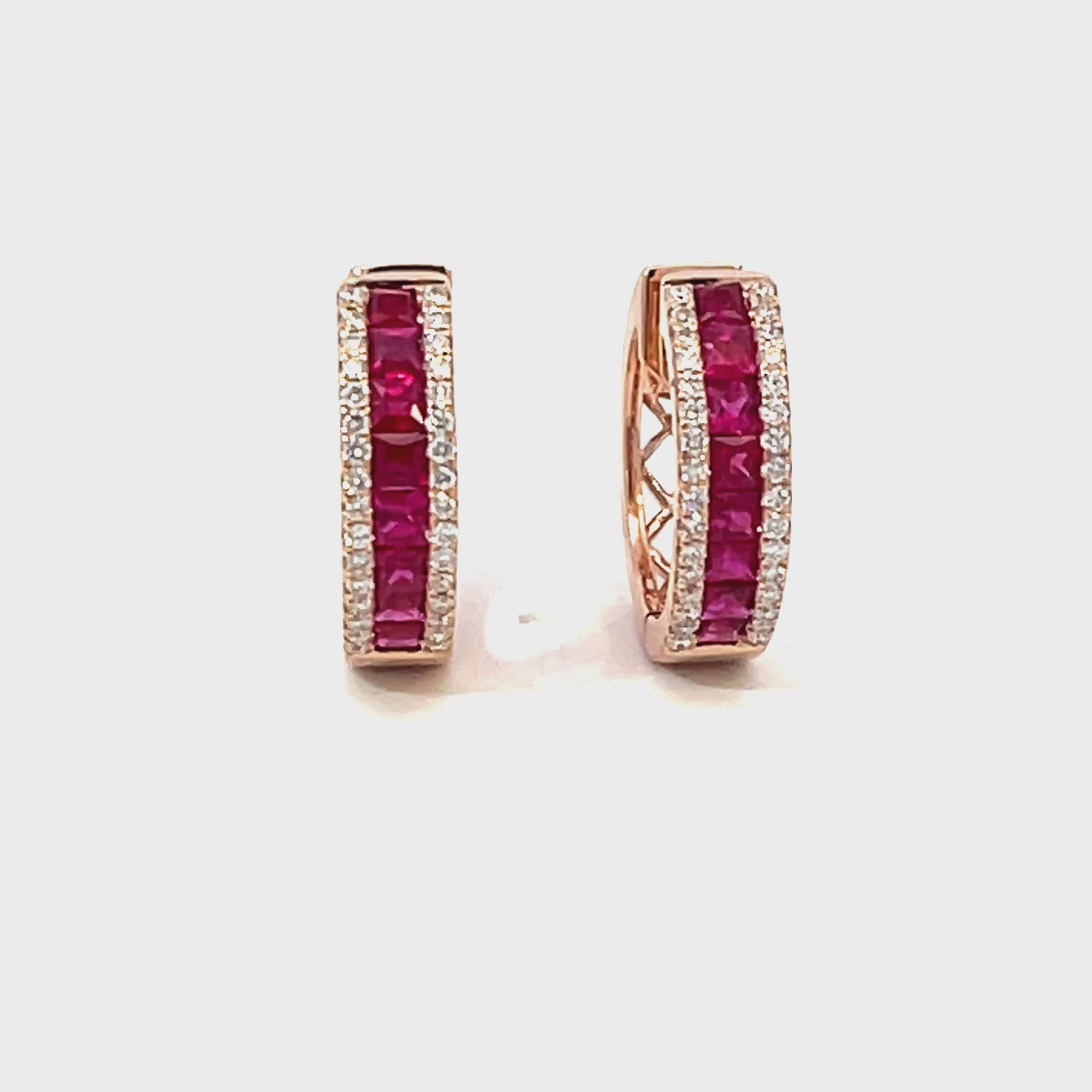 14K Rose Gold Thin-Set Ruby and Diamond Hinged Hoop Earrings
