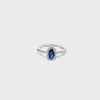 14K White Gold Oval Sapphire Ring with Diamond Halo and Pave Side Stones