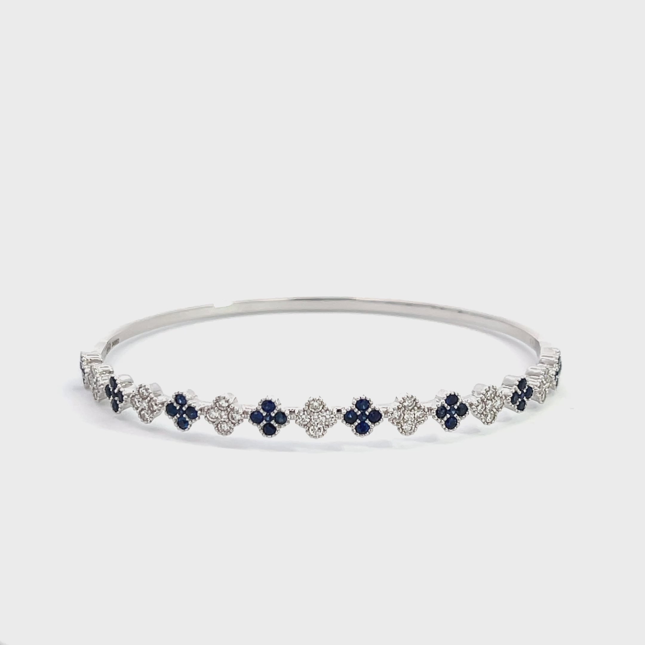 14K White Gold Diamond and Sapphire Clover Cluster Bangle Bracelet