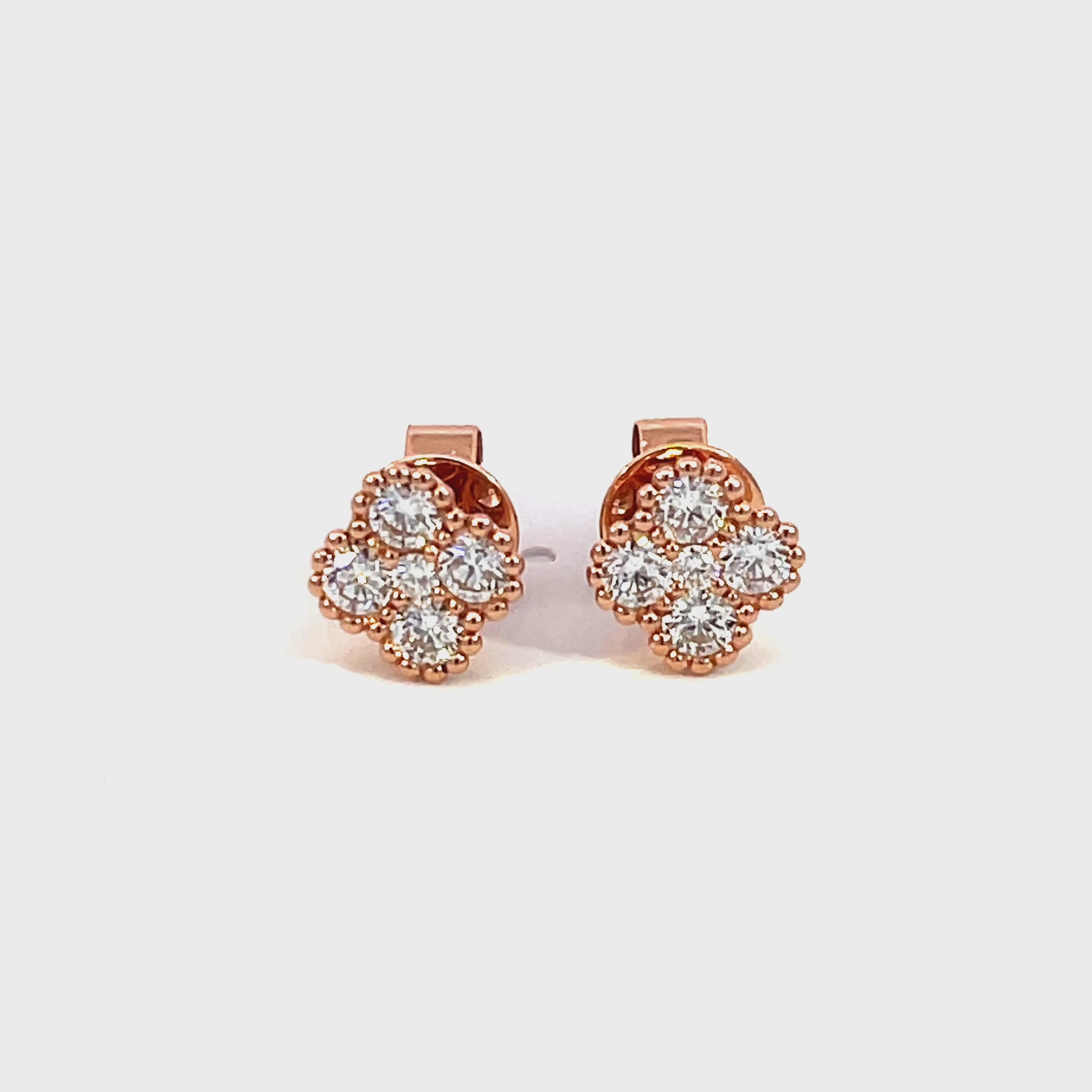 14K Rose Gold Diamond Clover Cluster Stud Earrings with Milgrain Detailing
