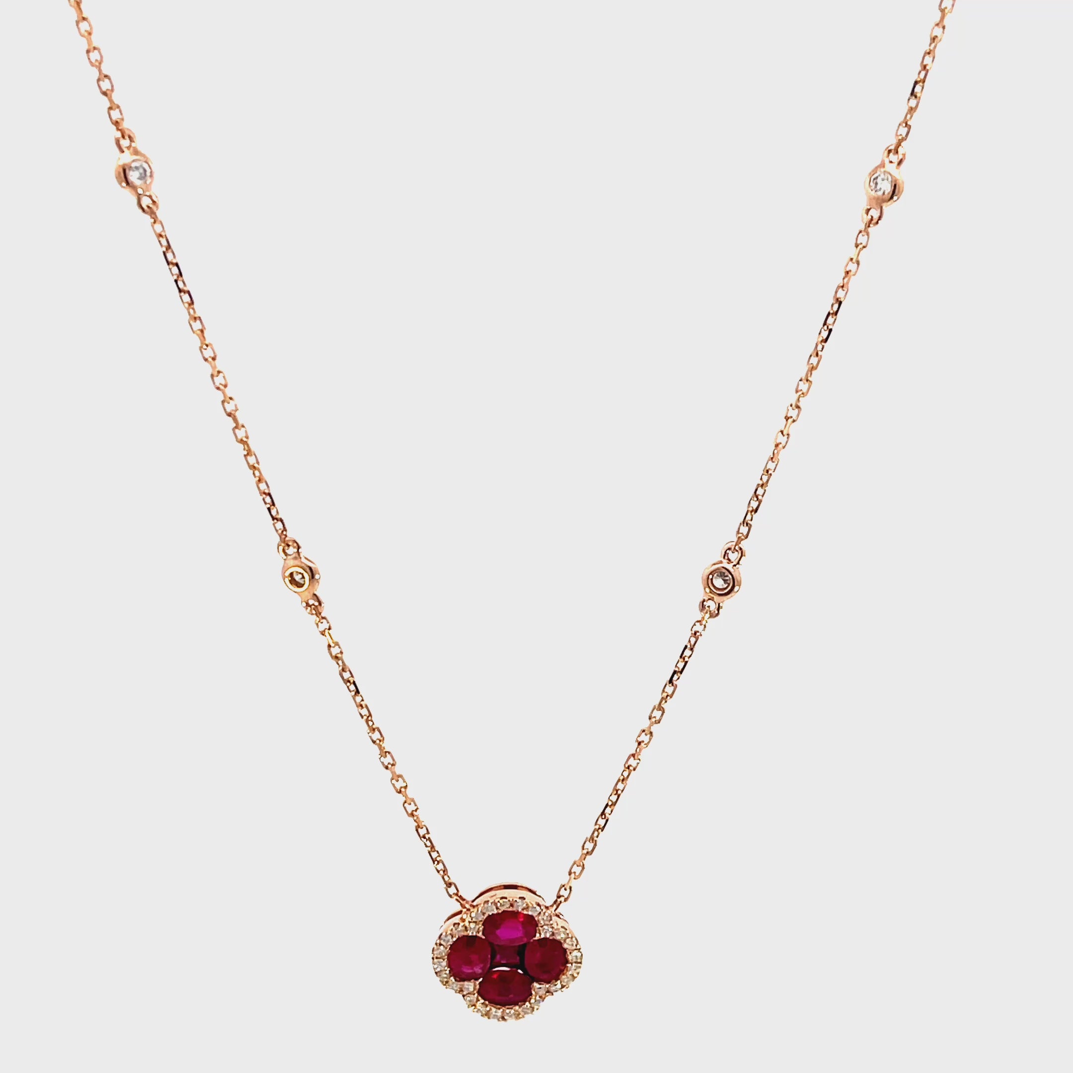 14K Rose Gold Ruby Clover Pendant Necklace with Diamond Halo