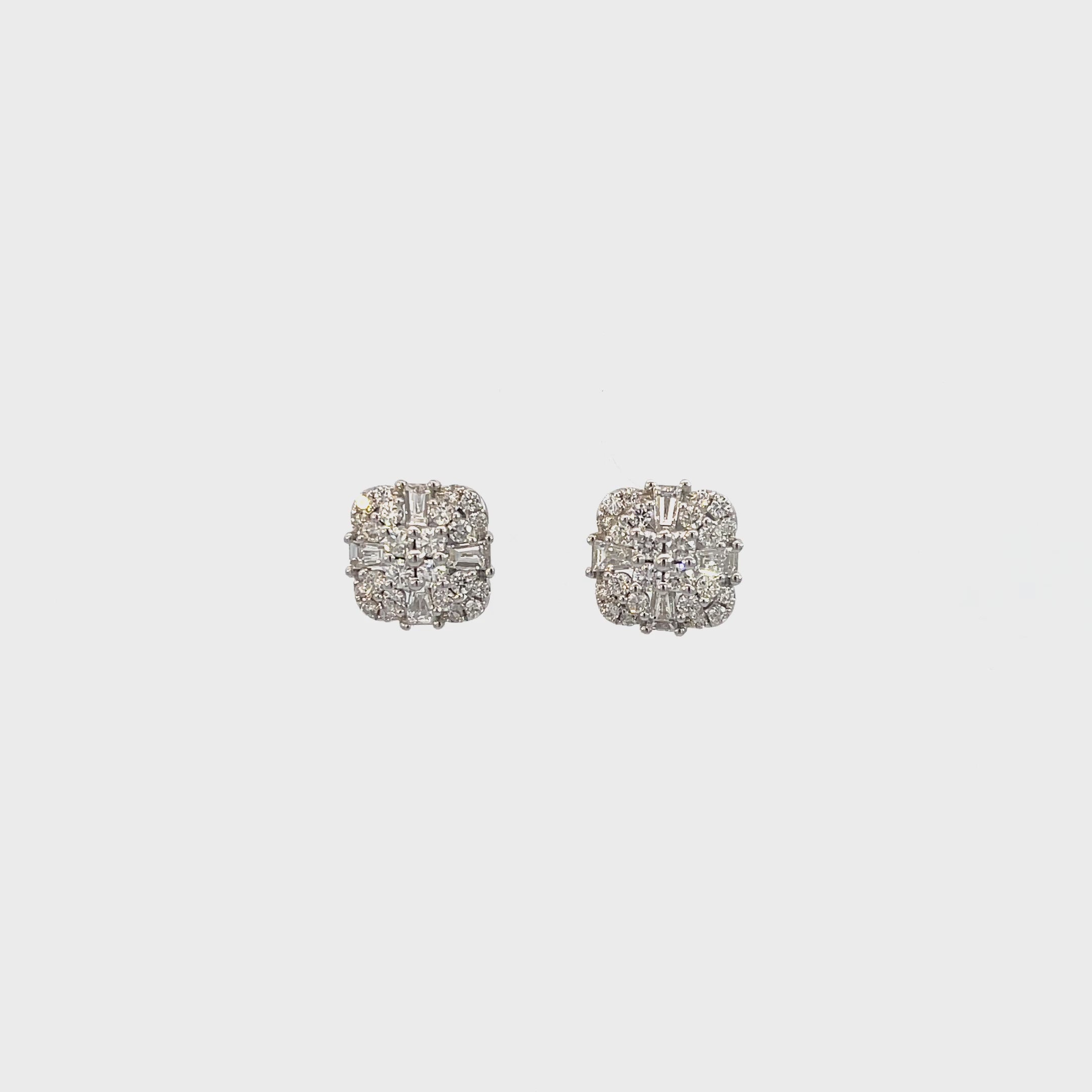 14K White Gold Art Deco-Inspired Cushion Illusion Diamond Stud Earrings