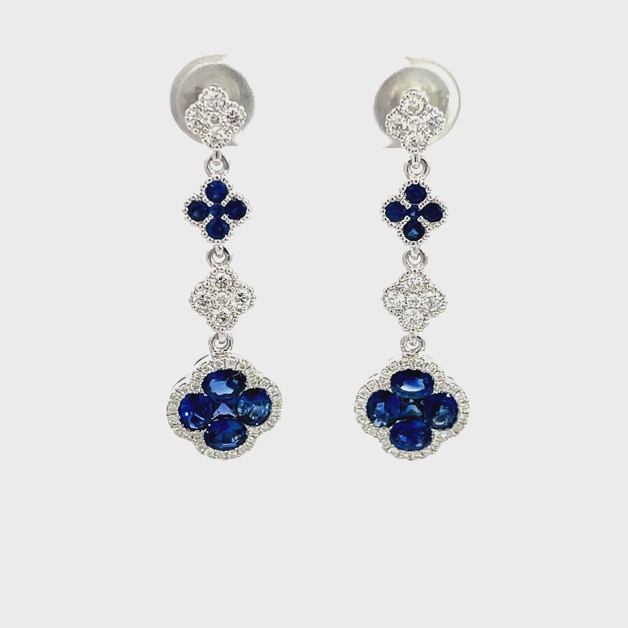 14K White Gold Tiered Diamond and Sapphire Clover Drop Earrings