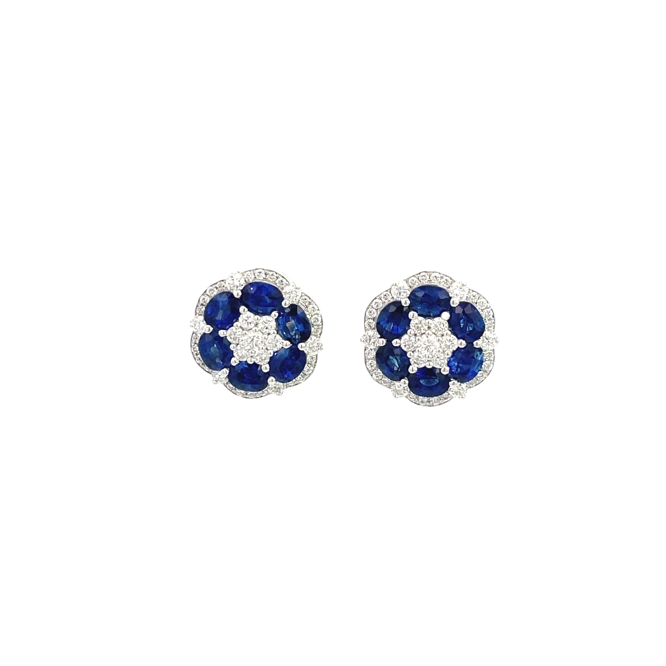 14K White Gold Floral Sapphire and Diamond Stud Earrings