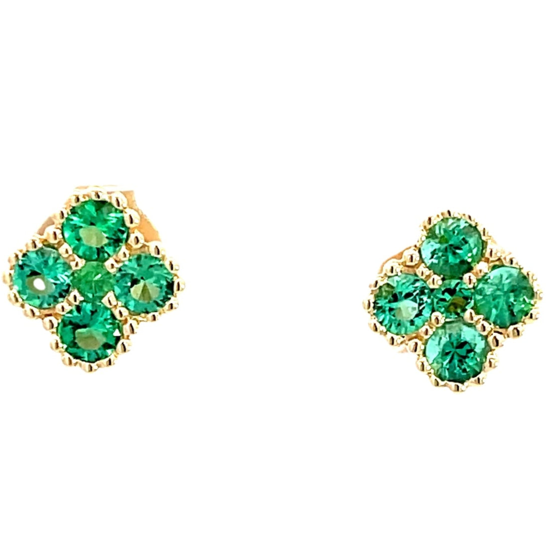 14K Yellow Gold Emerald Clover Studs with Milgrain Detailing
