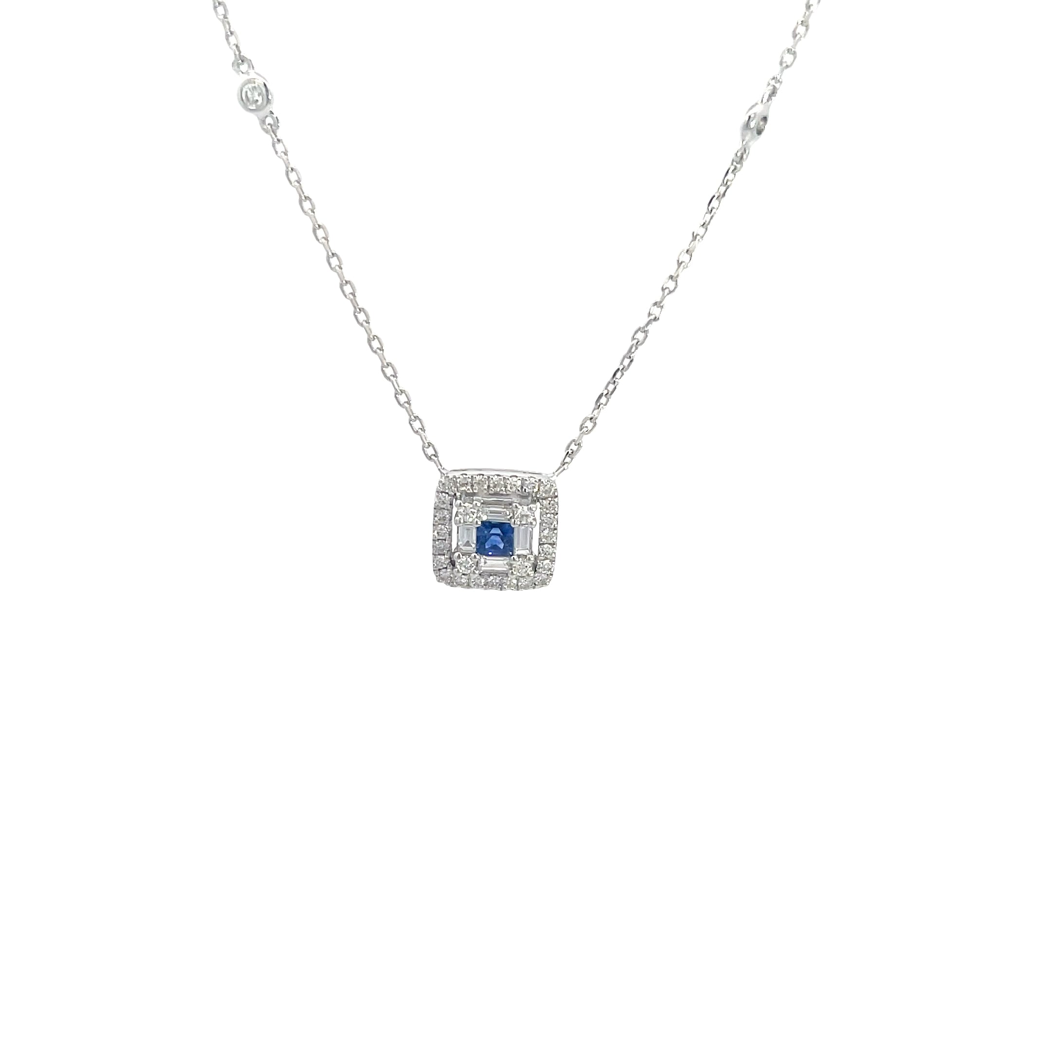 14K White Gold Diamond and Sapphire Square Halo Pendant Necklace