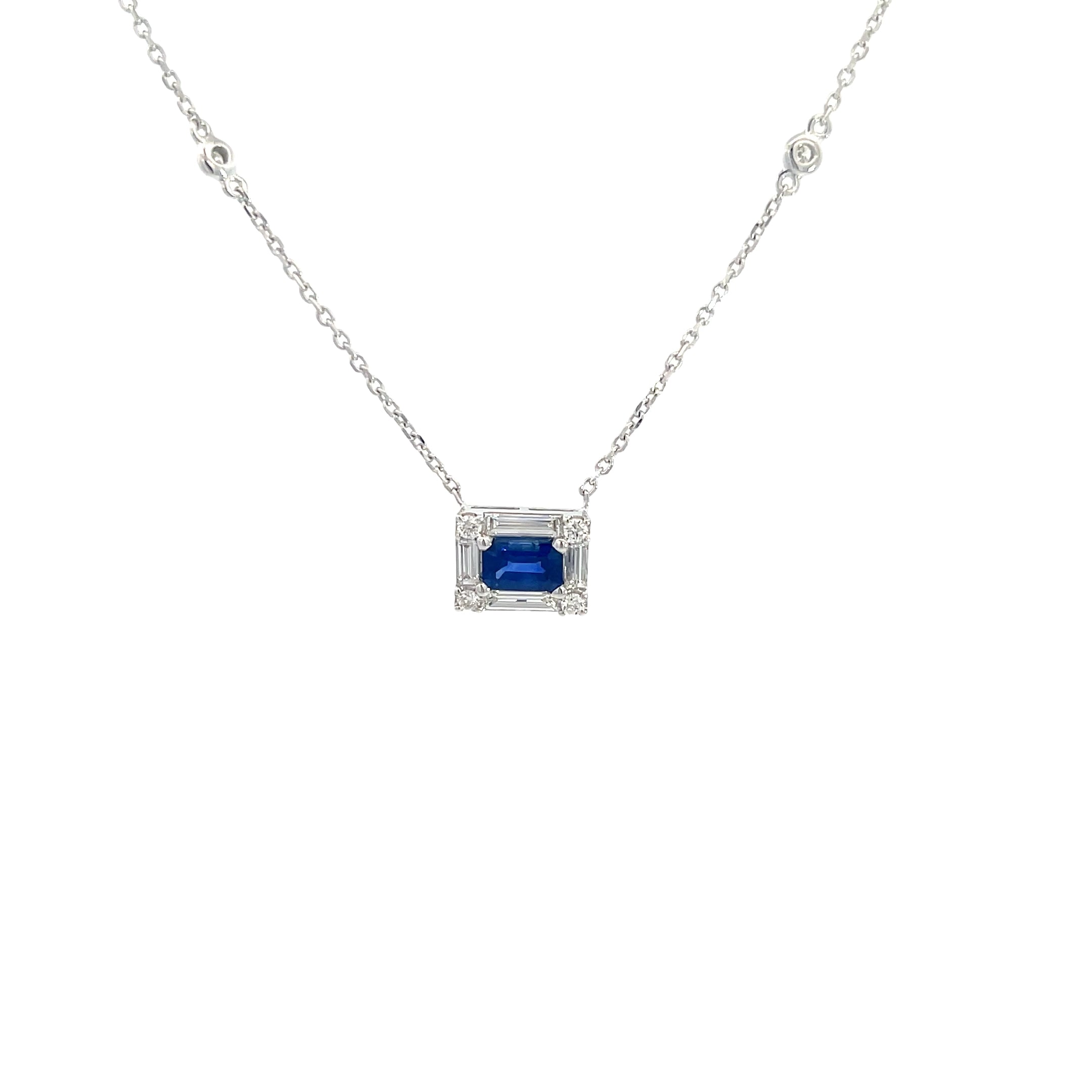 14K White Gold Diamond and Sapphire Rectangle Pendant Necklace