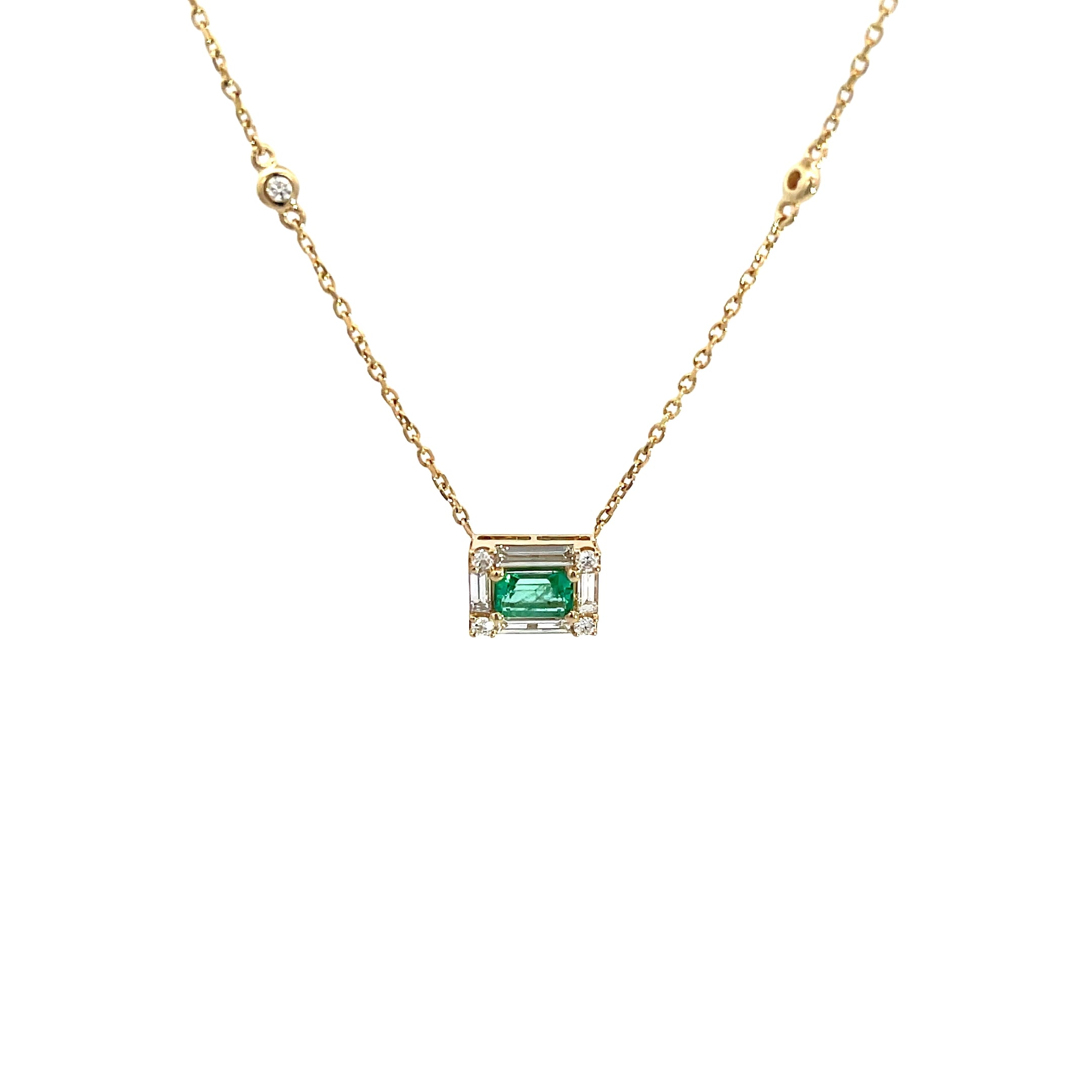14K Yellow Gold Diamond and Emerald Rectangle Pendant Necklace