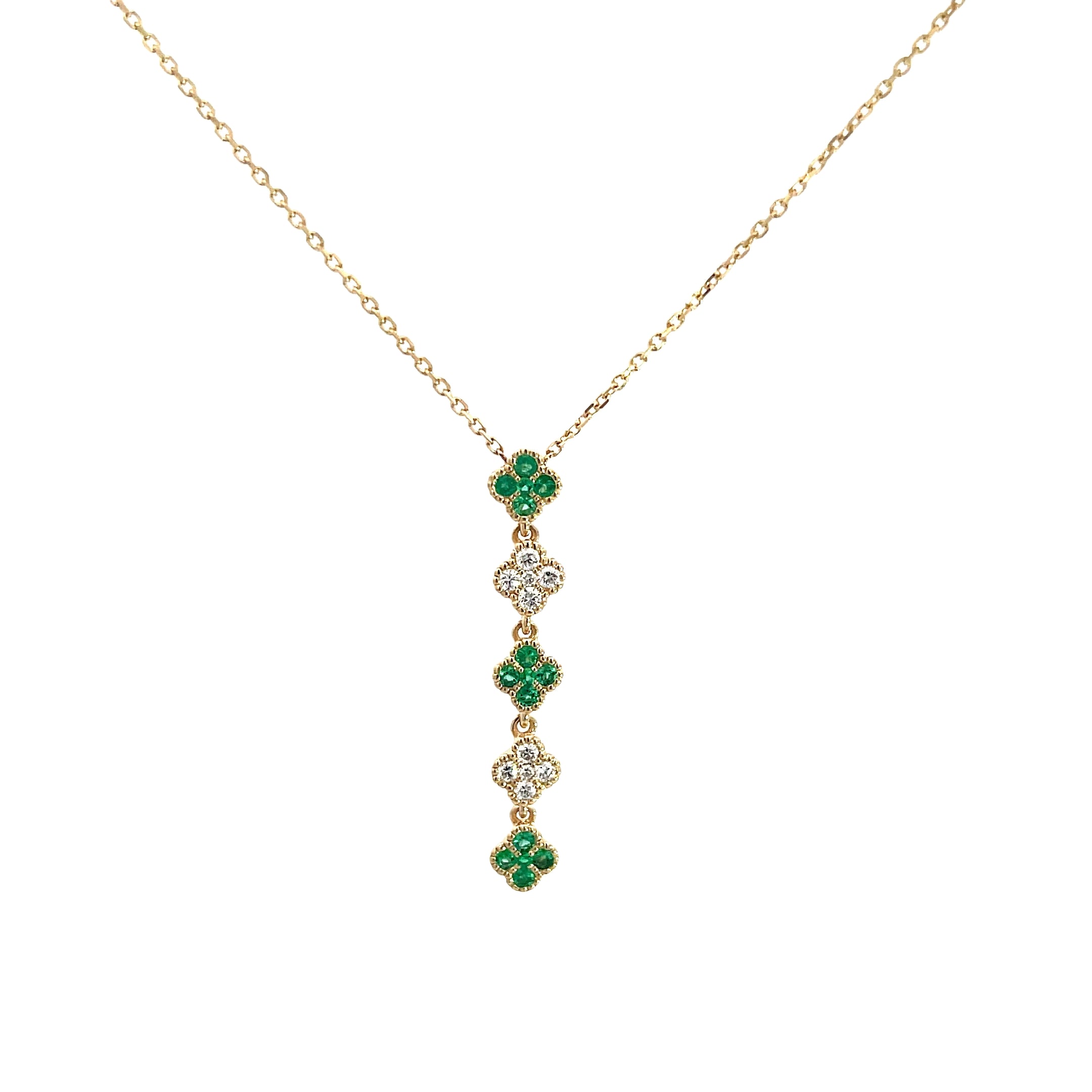 14K Yellow Gold Emeralds and Diamond Clover Drop Necklace