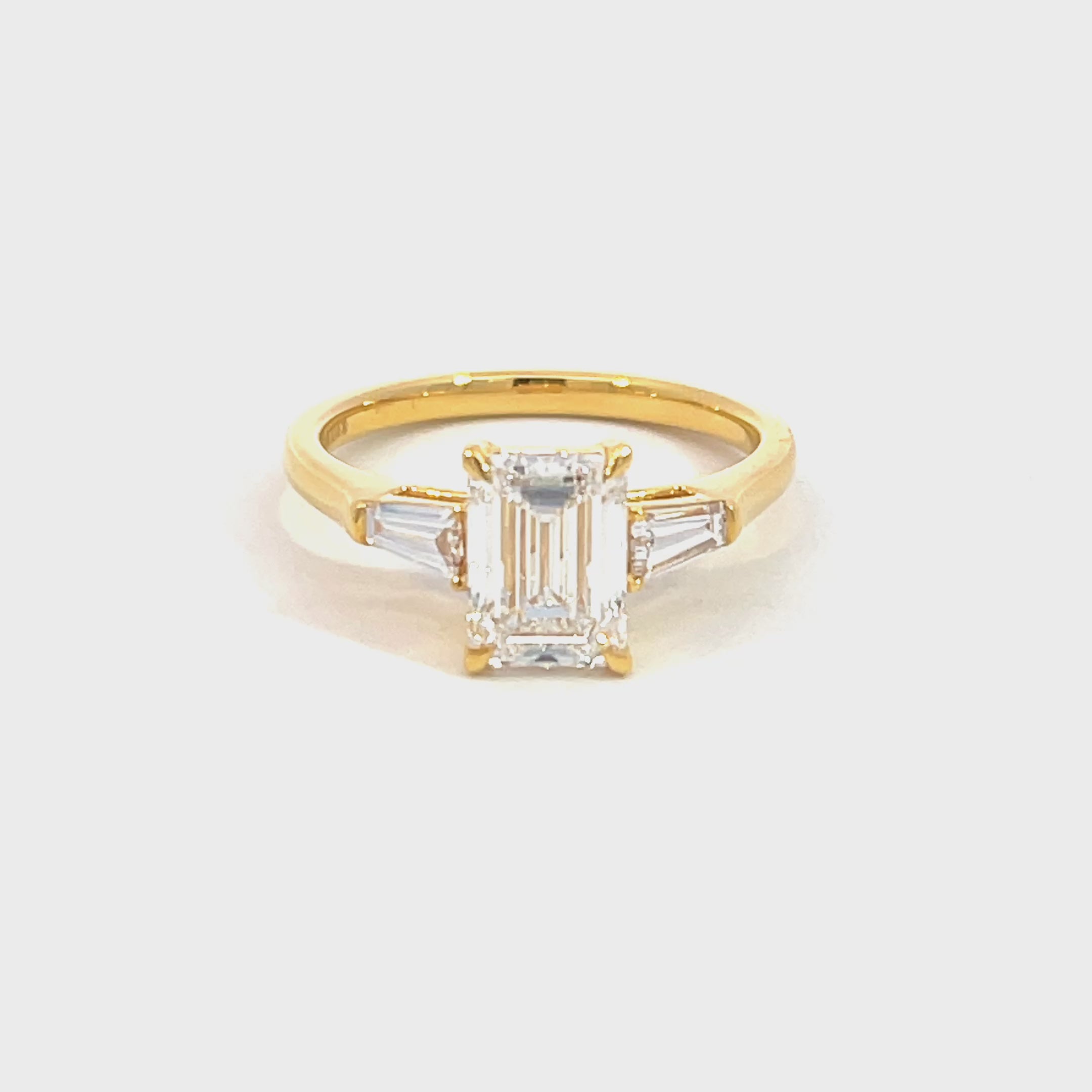 14K Yellow Gold Lab Grown Diamond Ring with Emerald Cut Center Stone and Tapered Baguette Side Stones