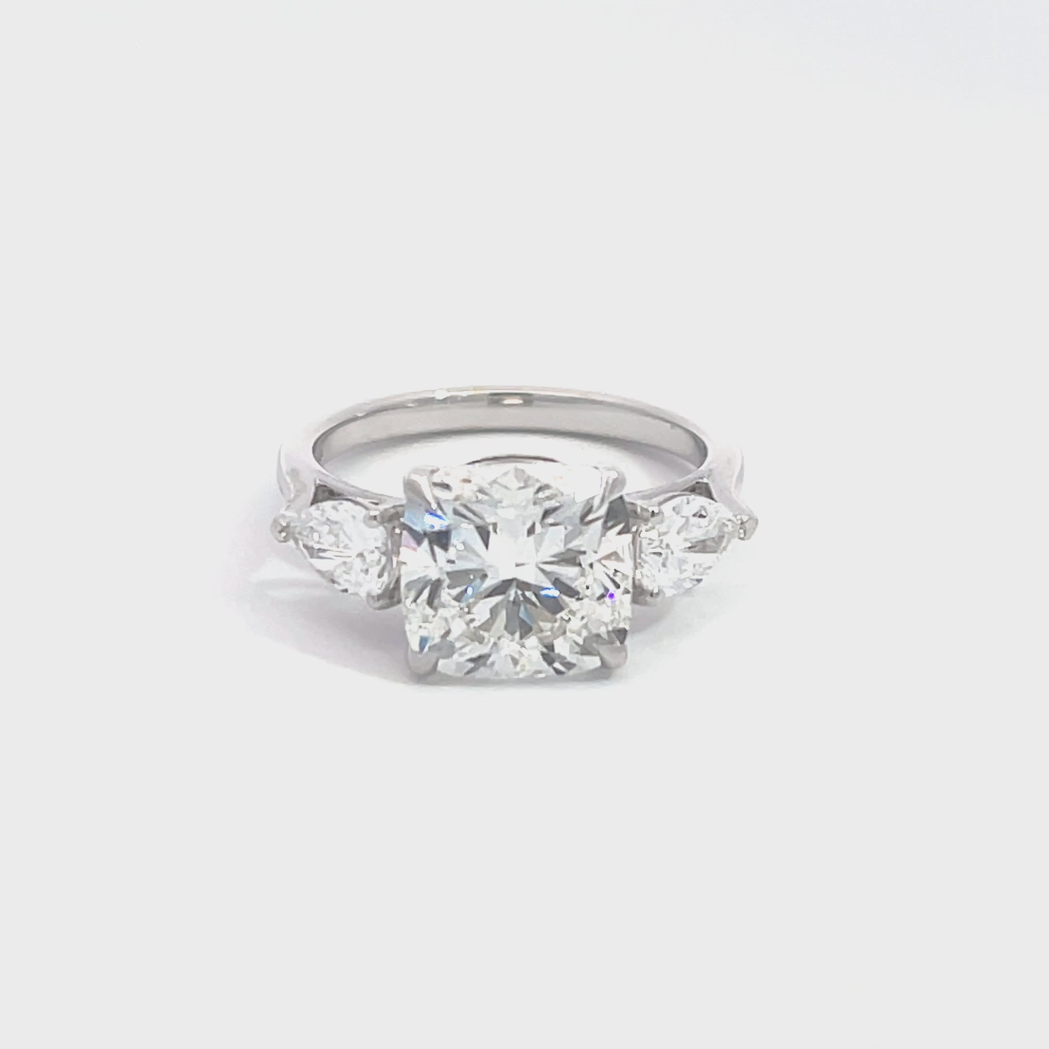14K White Gold Lab Grown Diamond Ring with Cushion Cut Center Stone and Pear Shaped Side Stones